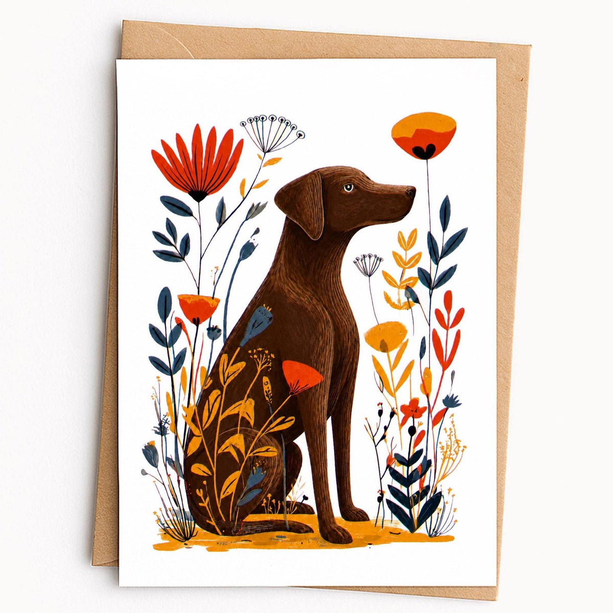 Chocolate Lab card leaning on a kraft envelope