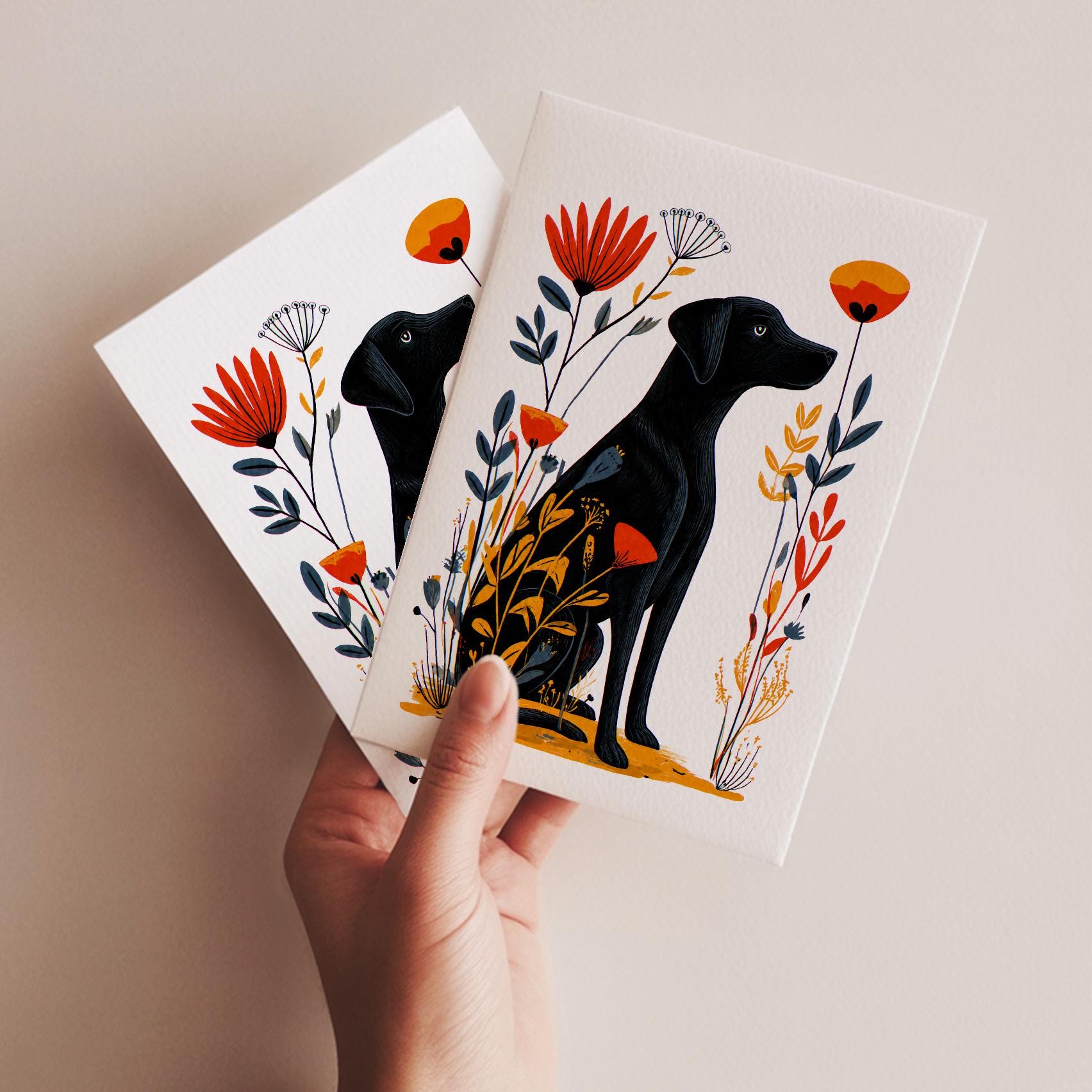 Black Lab folk-art greeting card, blank inside
