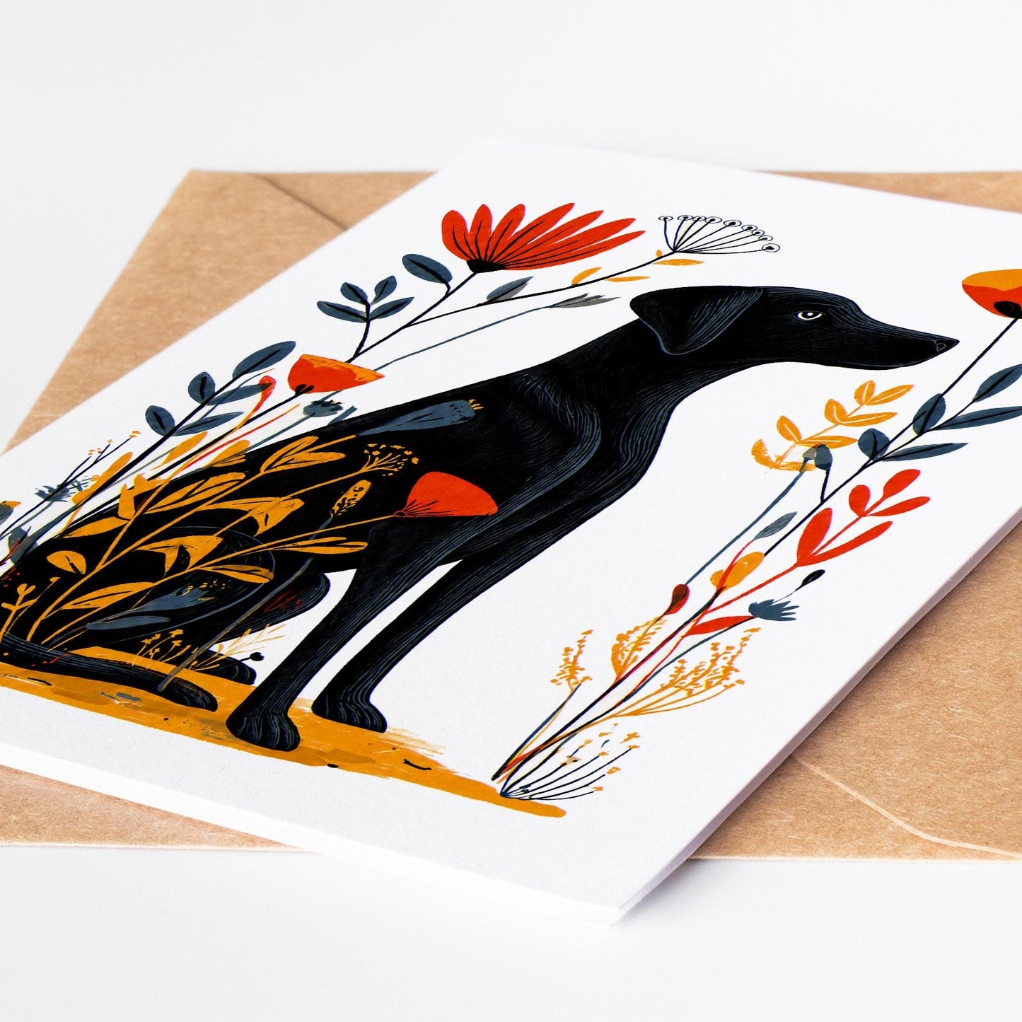 Black Lab folk-art greeting card, blank inside