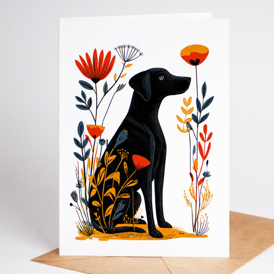 Black Lab folk-art greeting card, blank inside