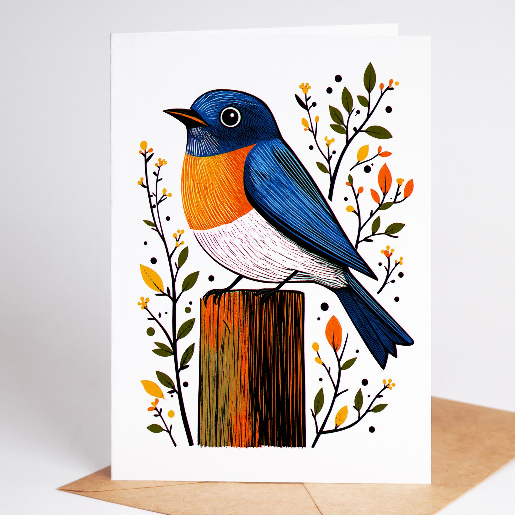 Bird Lover folk-art greeting card, blank inside