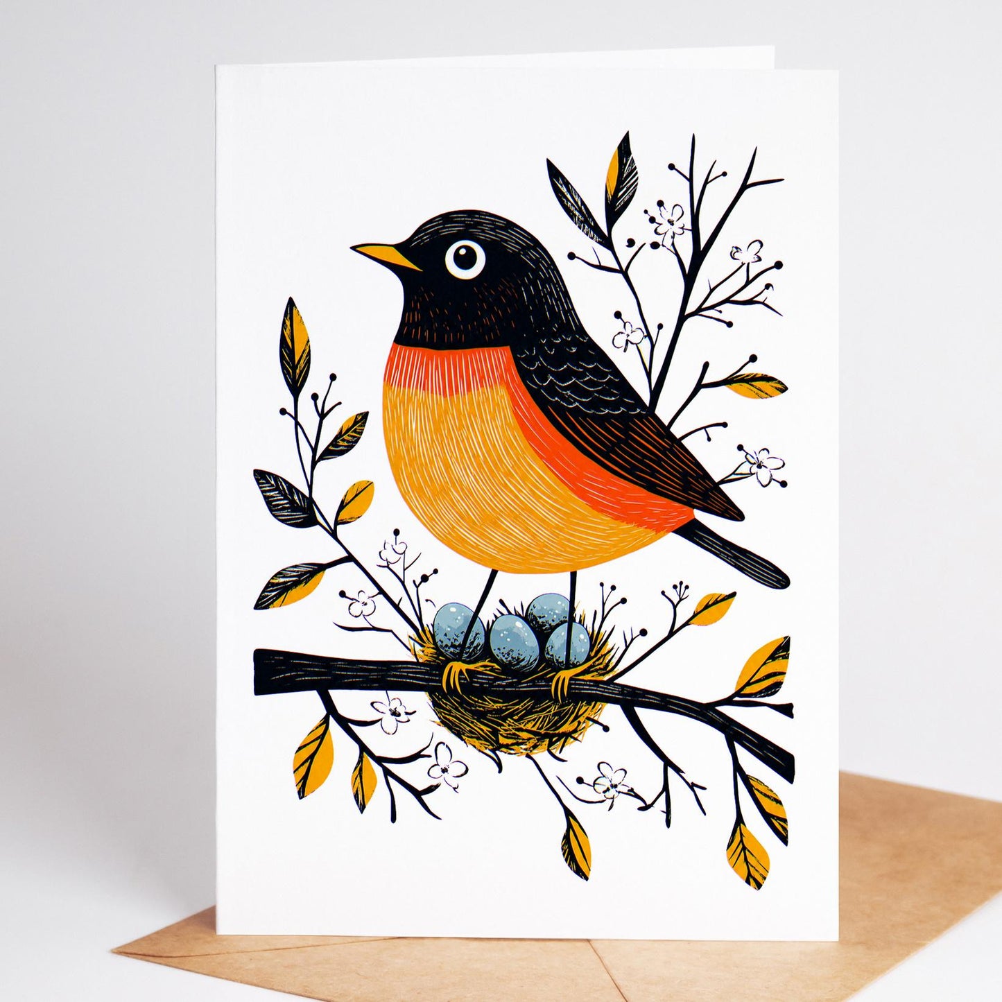 Bird Lover folk-art greeting card, blank inside