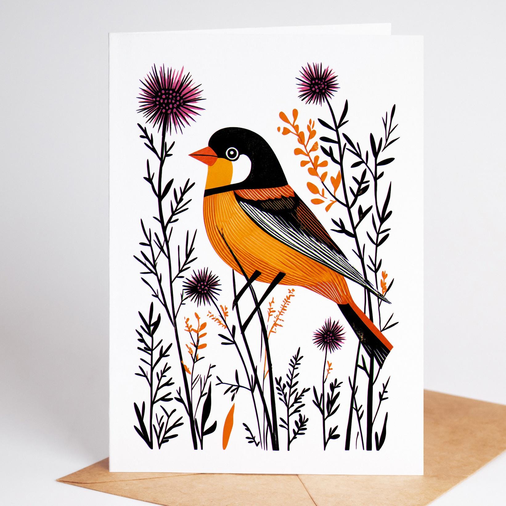 Bird Lover folk-art greeting card, blank inside