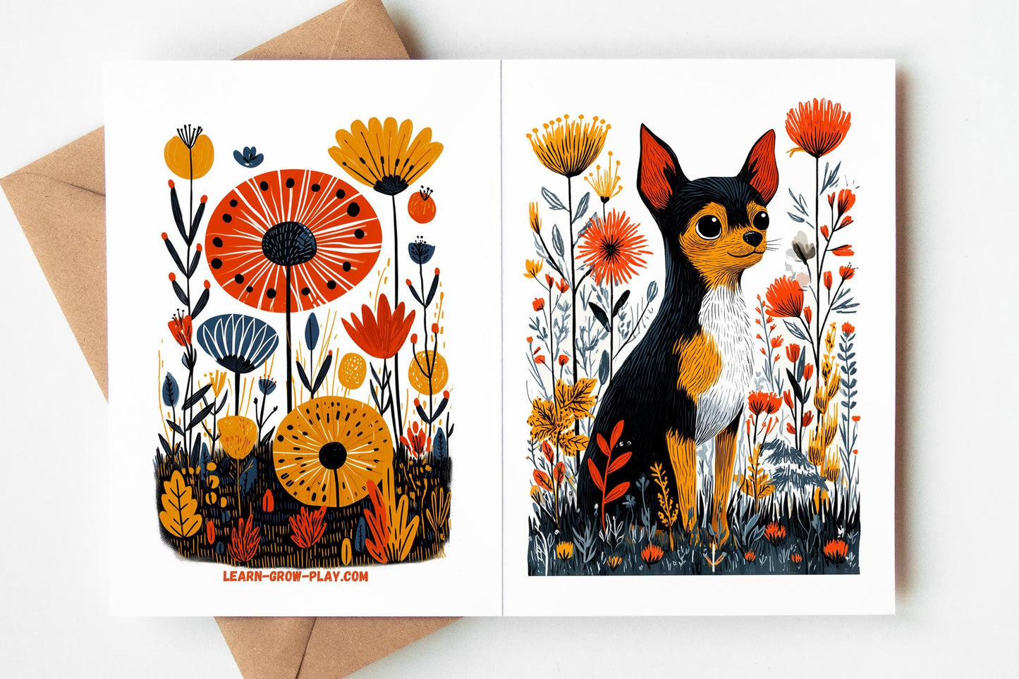 Chihuahua folk-art greeting card, blank inside