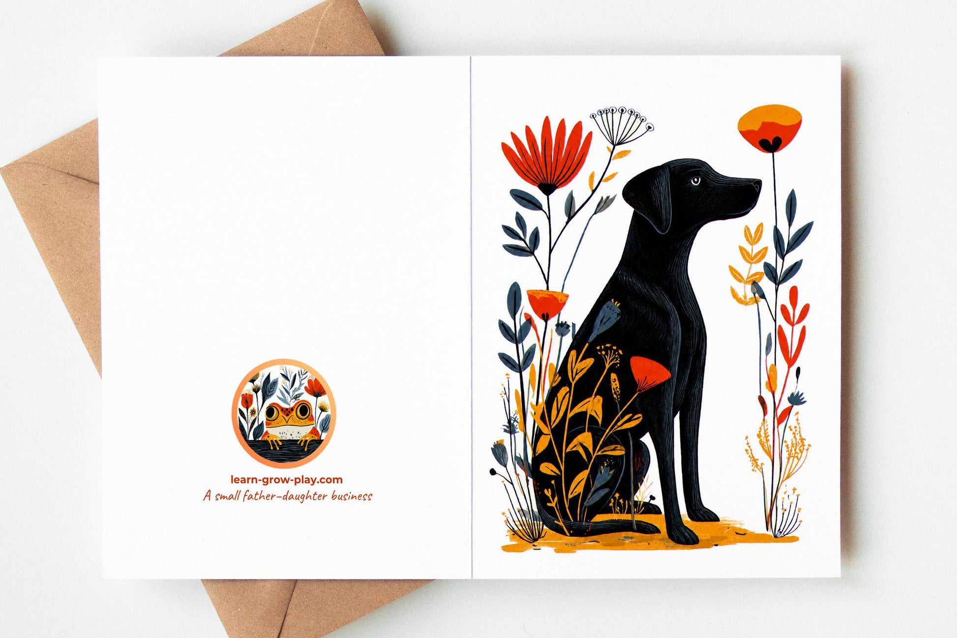 Chocolate Lab folk-art greeting card, blank inside