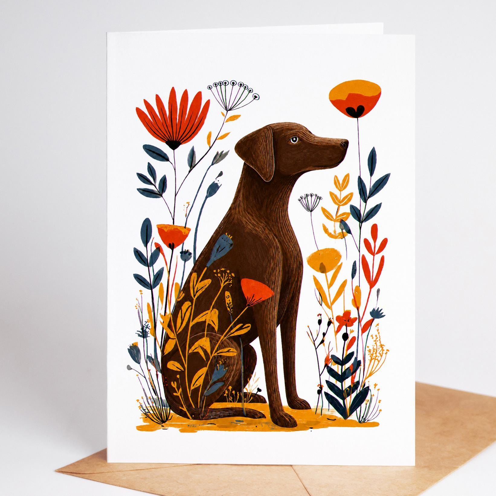 Chocolate Lab folk-art greeting card, blank inside