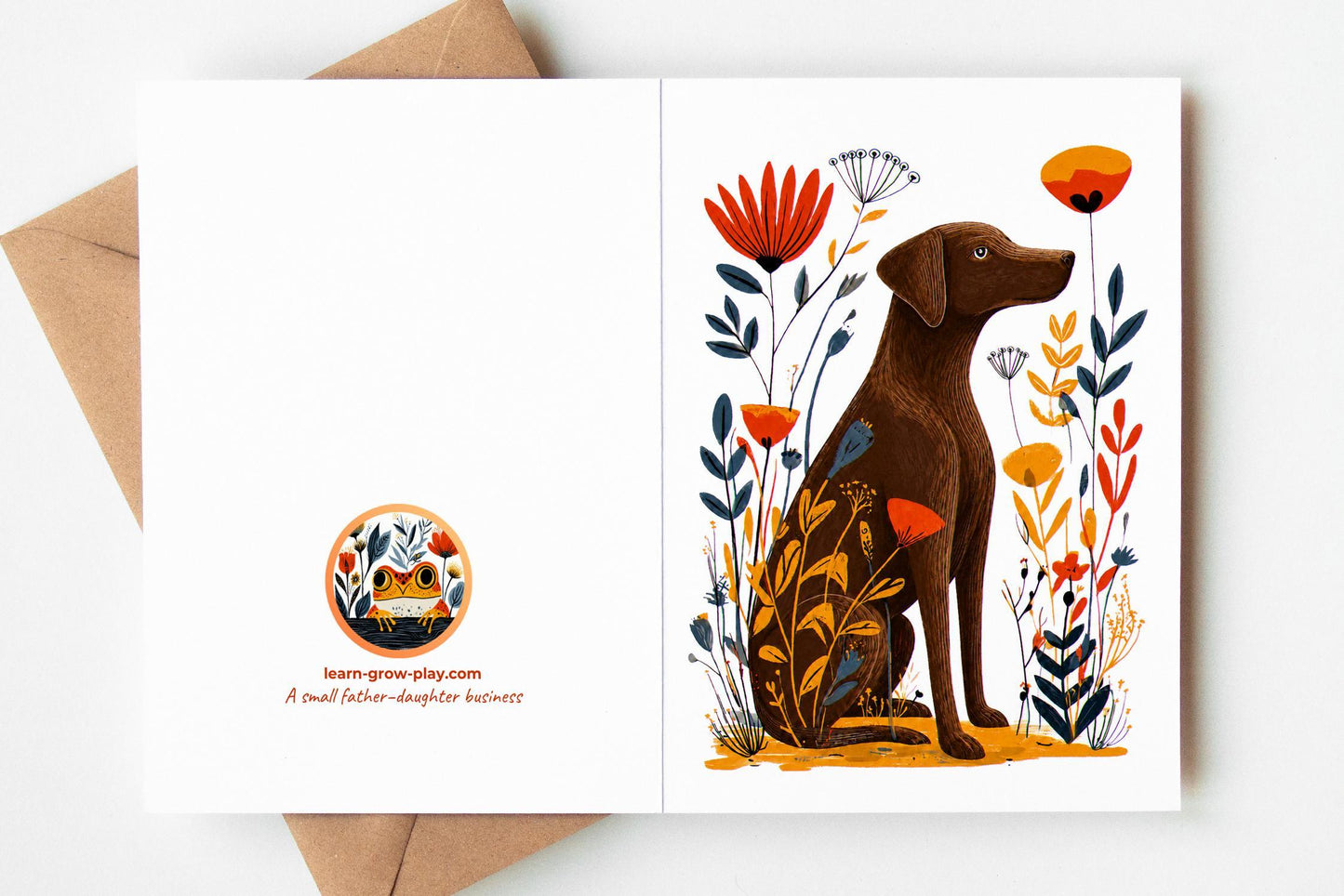 Chocolate Lab folk-art greeting card, blank inside