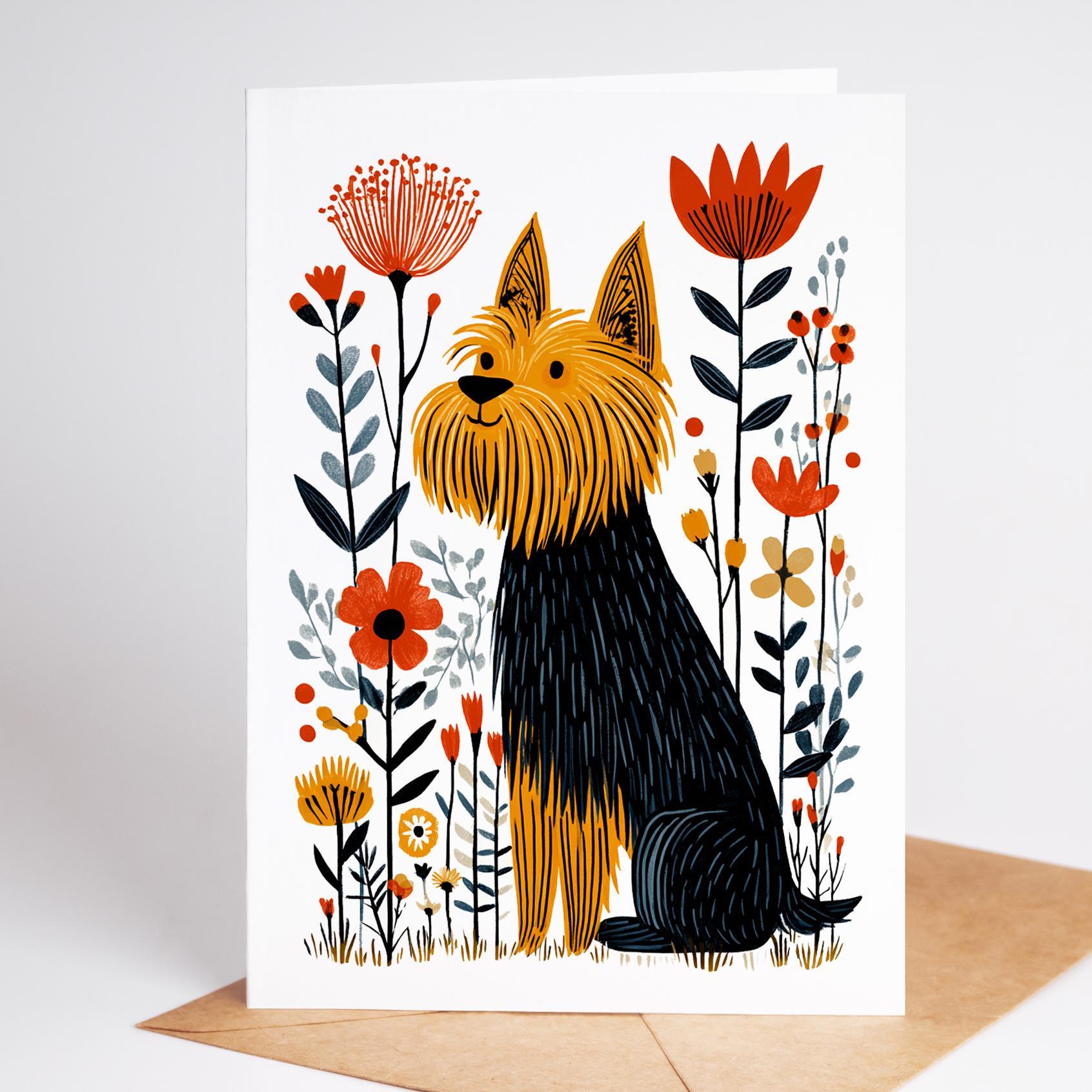 Yorkie folk-art greeting card, blank inside