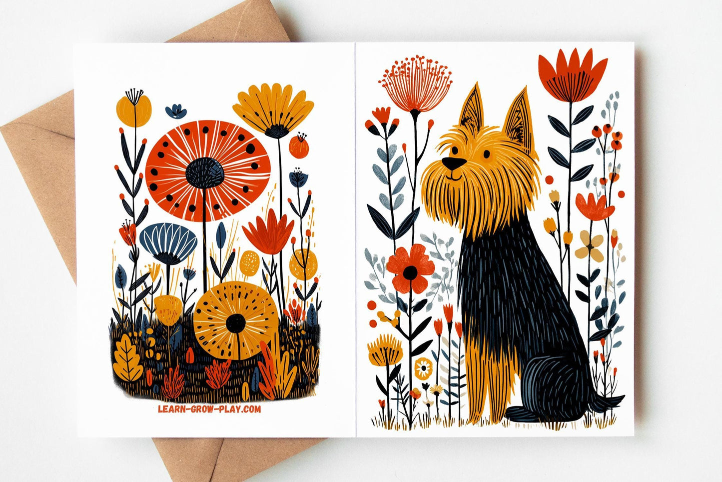 Yorkie folk-art greeting card, blank inside