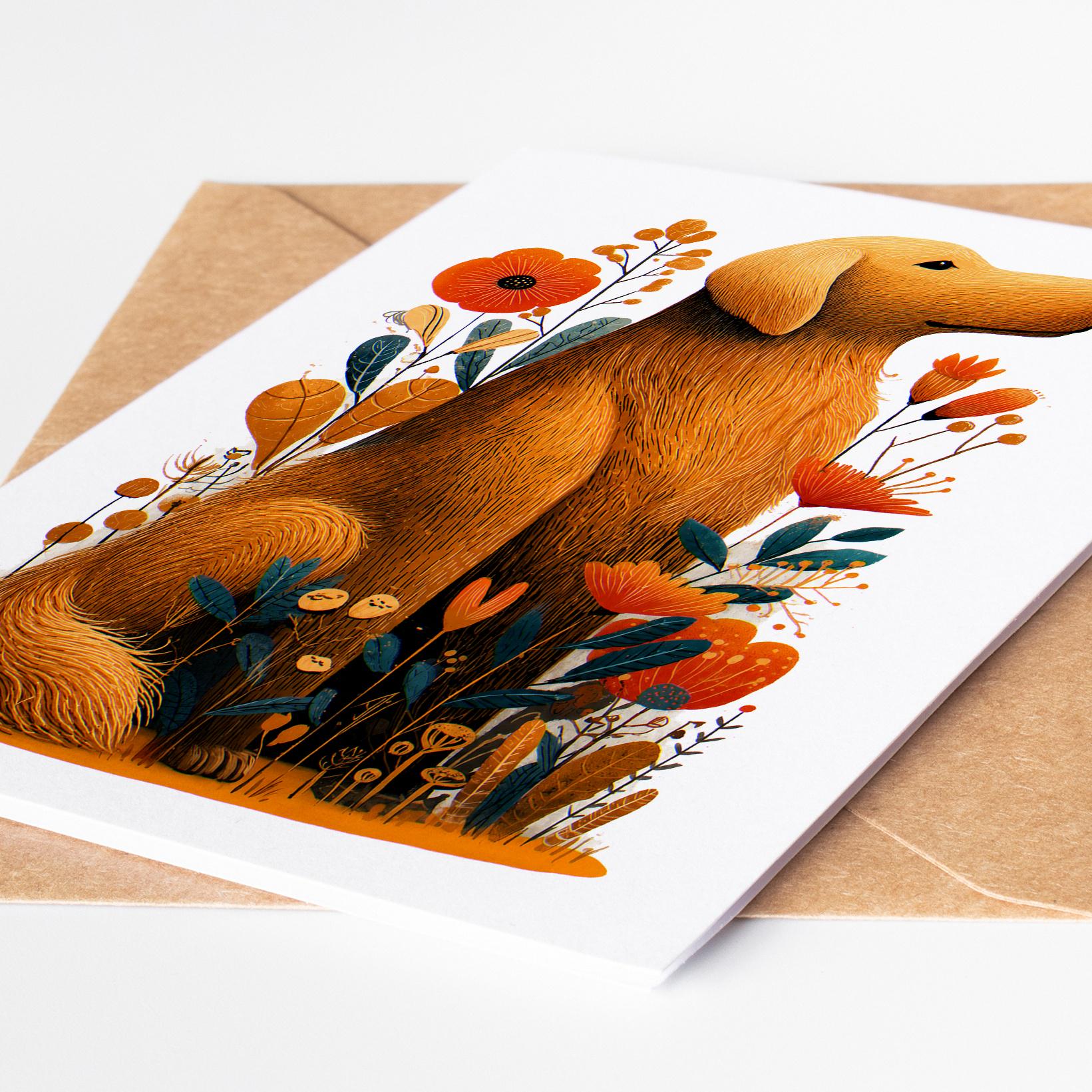 Golden Retriever folk-art greeting card, blank inside