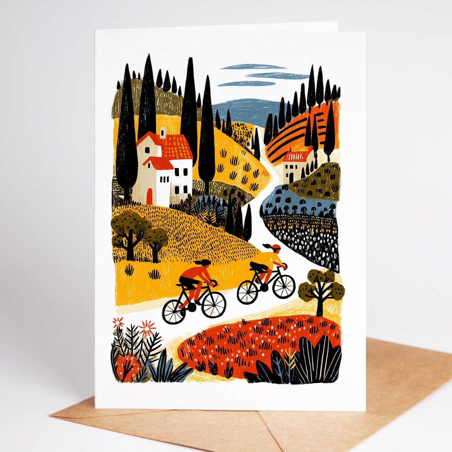Cycling folk-art greeting card, blank inside