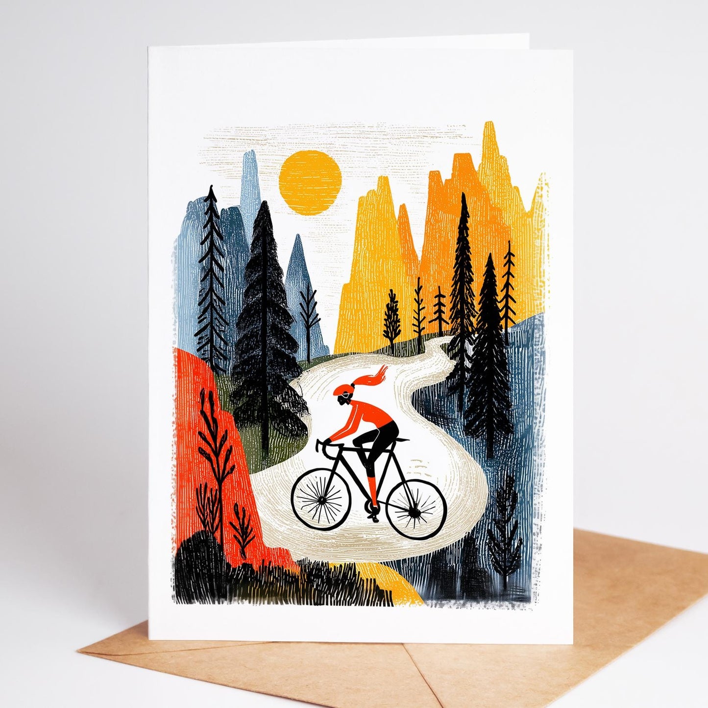 Cycling folk-art greeting card, blank inside