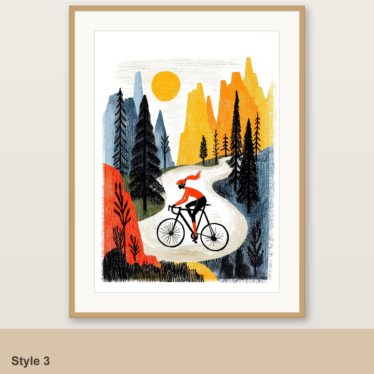 Female cycling art print Style 3, alpine peaks road, framed linocut style folk art