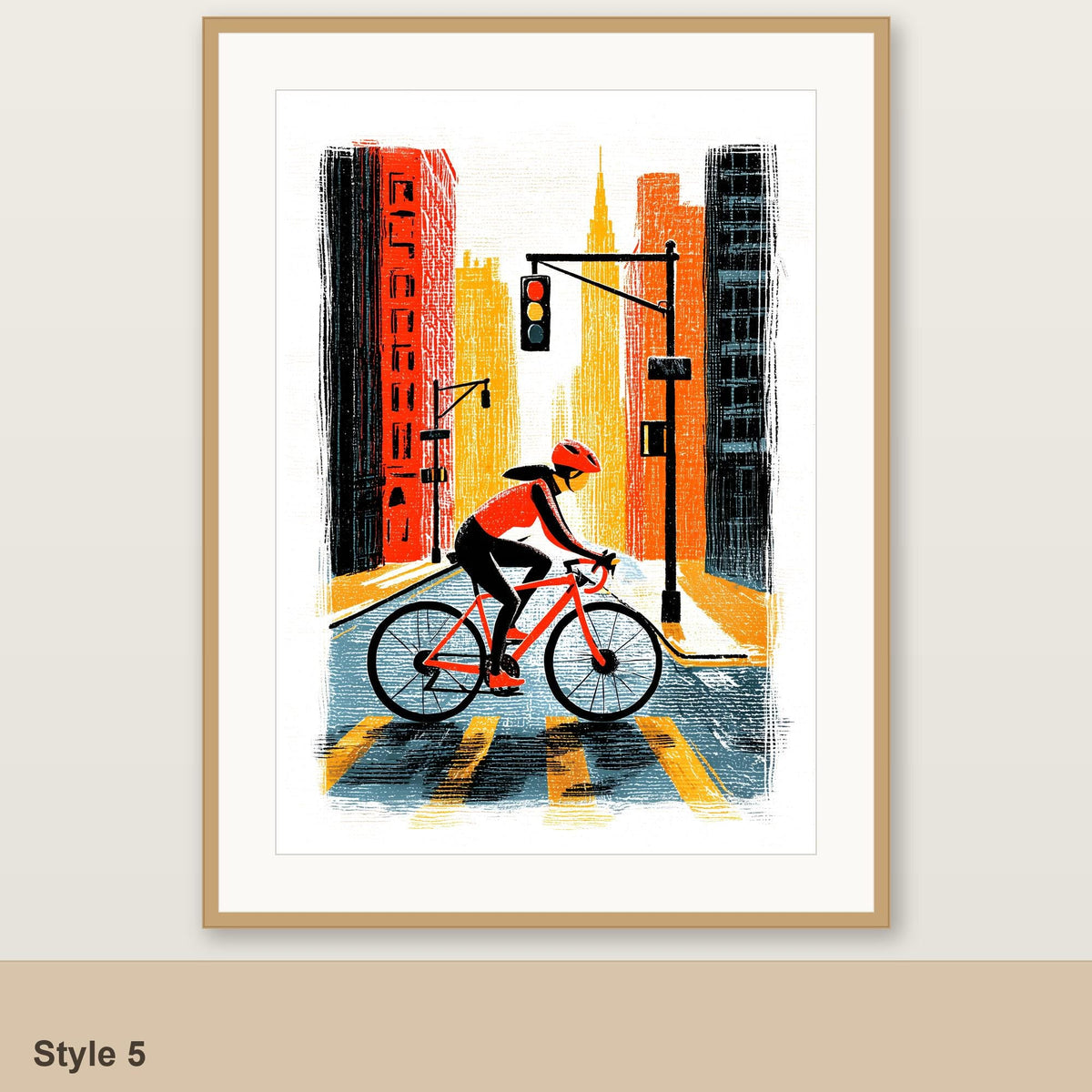 Female cycling art print Style 5, city street, framed linocut style folk art