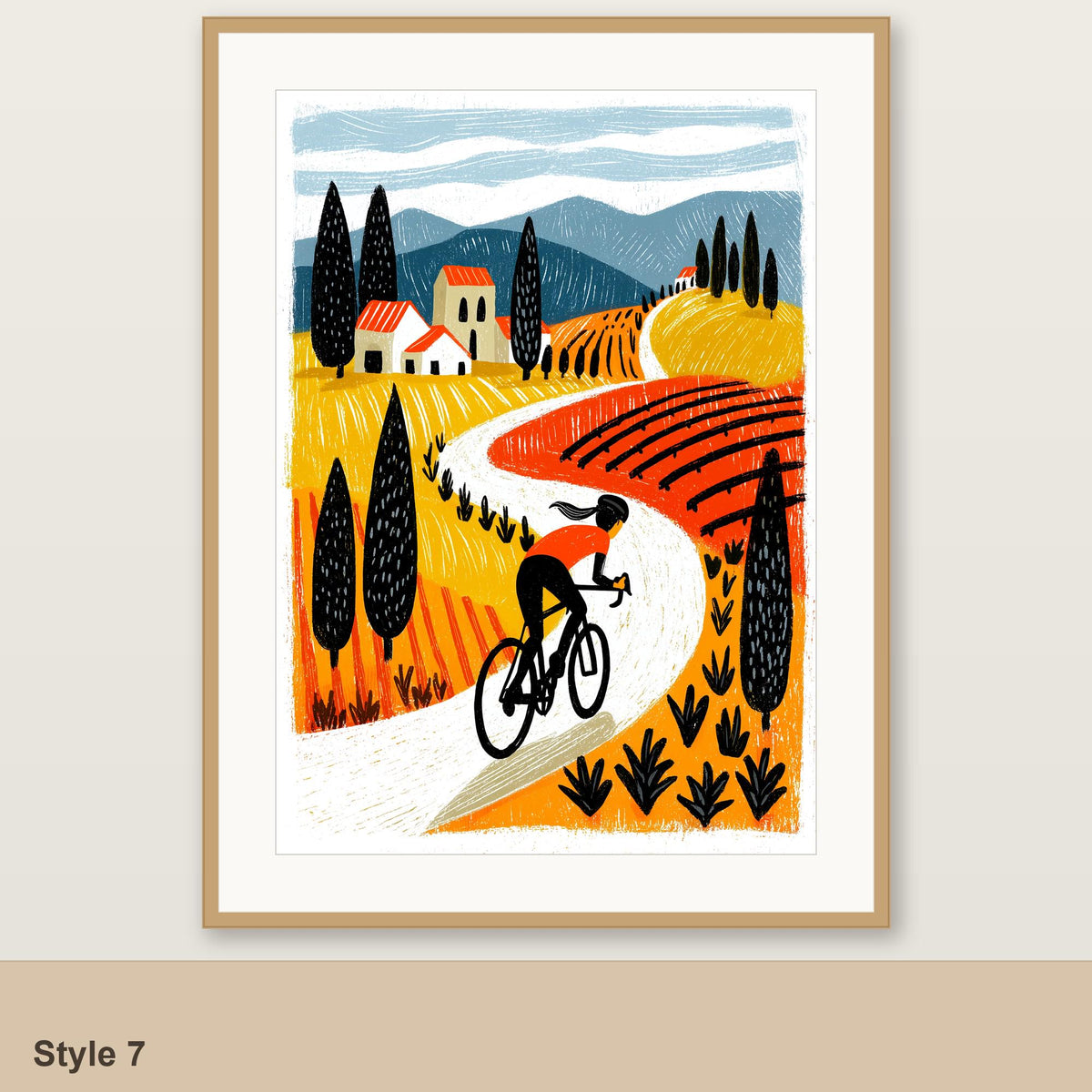 Female cycling art print Style 7, vineyard road climb, framed linocut style folk art