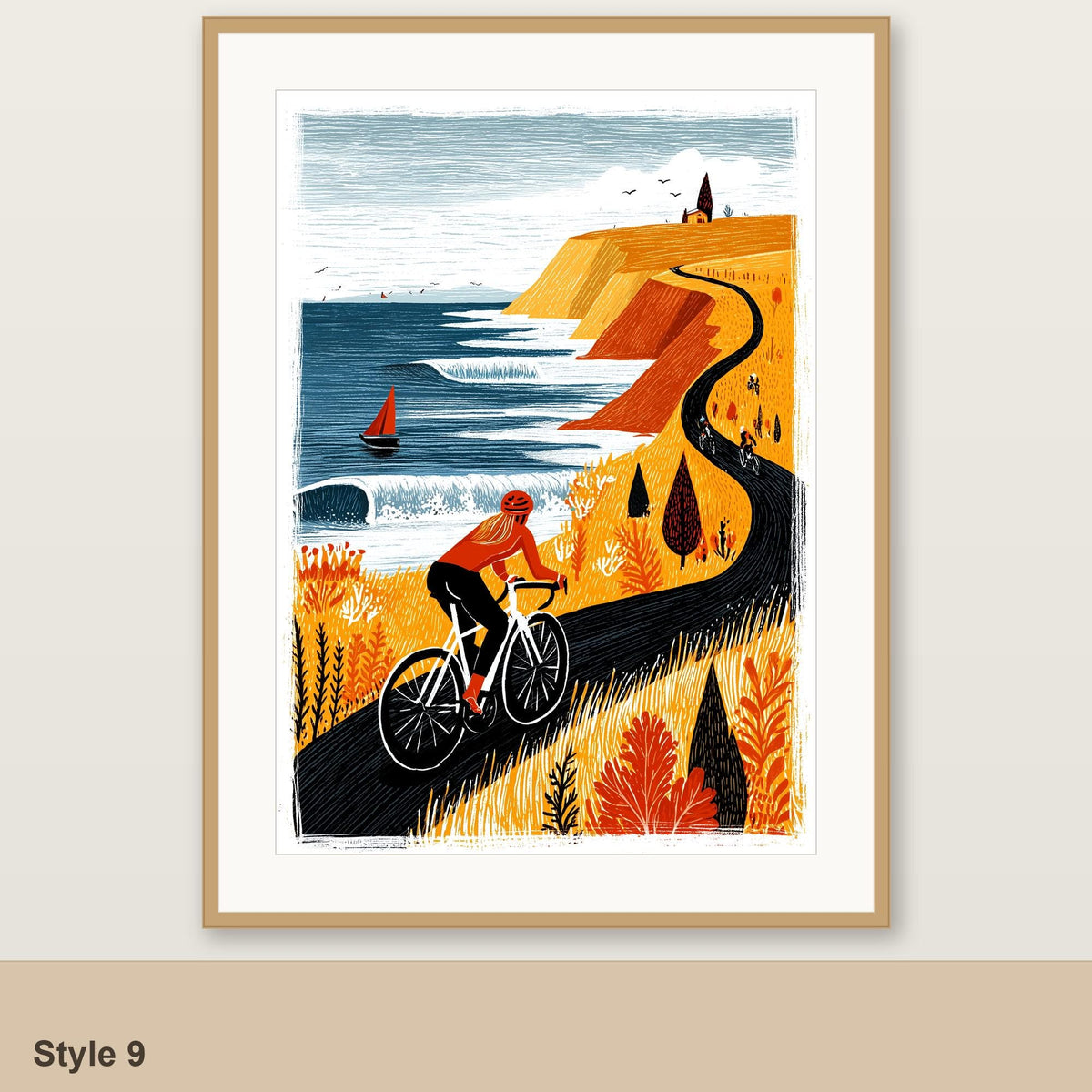 Female cycling art print Style 9, coastal cliff road, framed linocut style folk art
