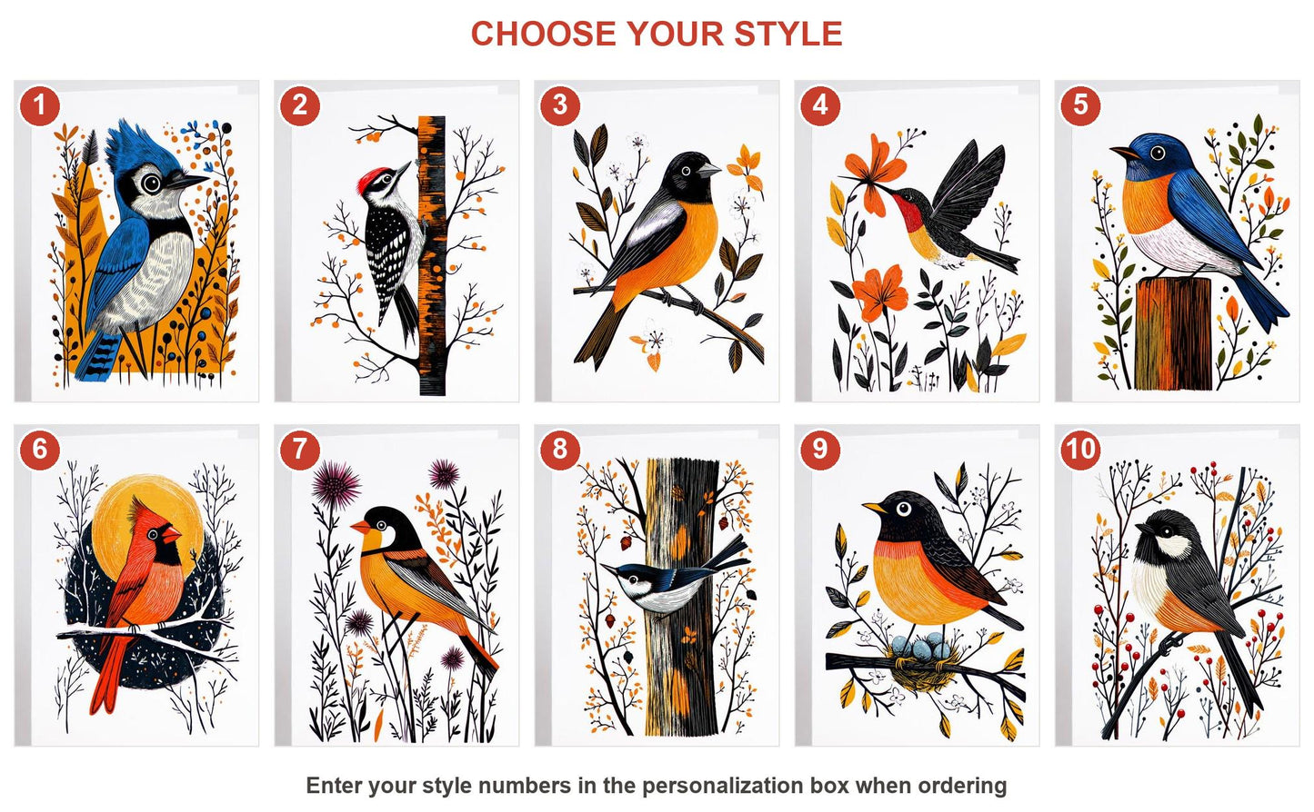 Bird Lover folk-art greeting card, blank inside