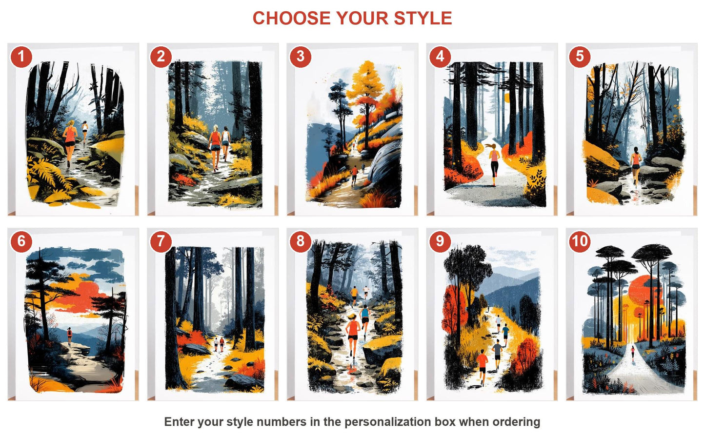 Trail Running folk-art greeting card, blank inside