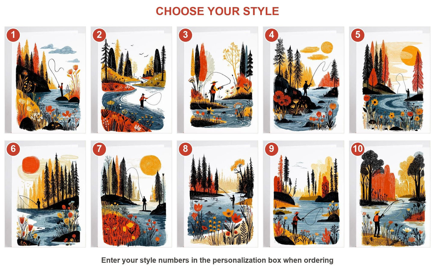 Fly Fishing folk-art greeting card, blank inside