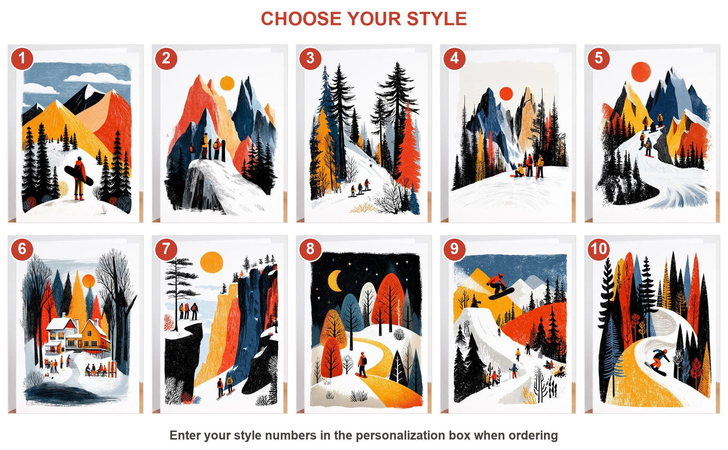 Snowboarding folk-art greeting card, blank inside