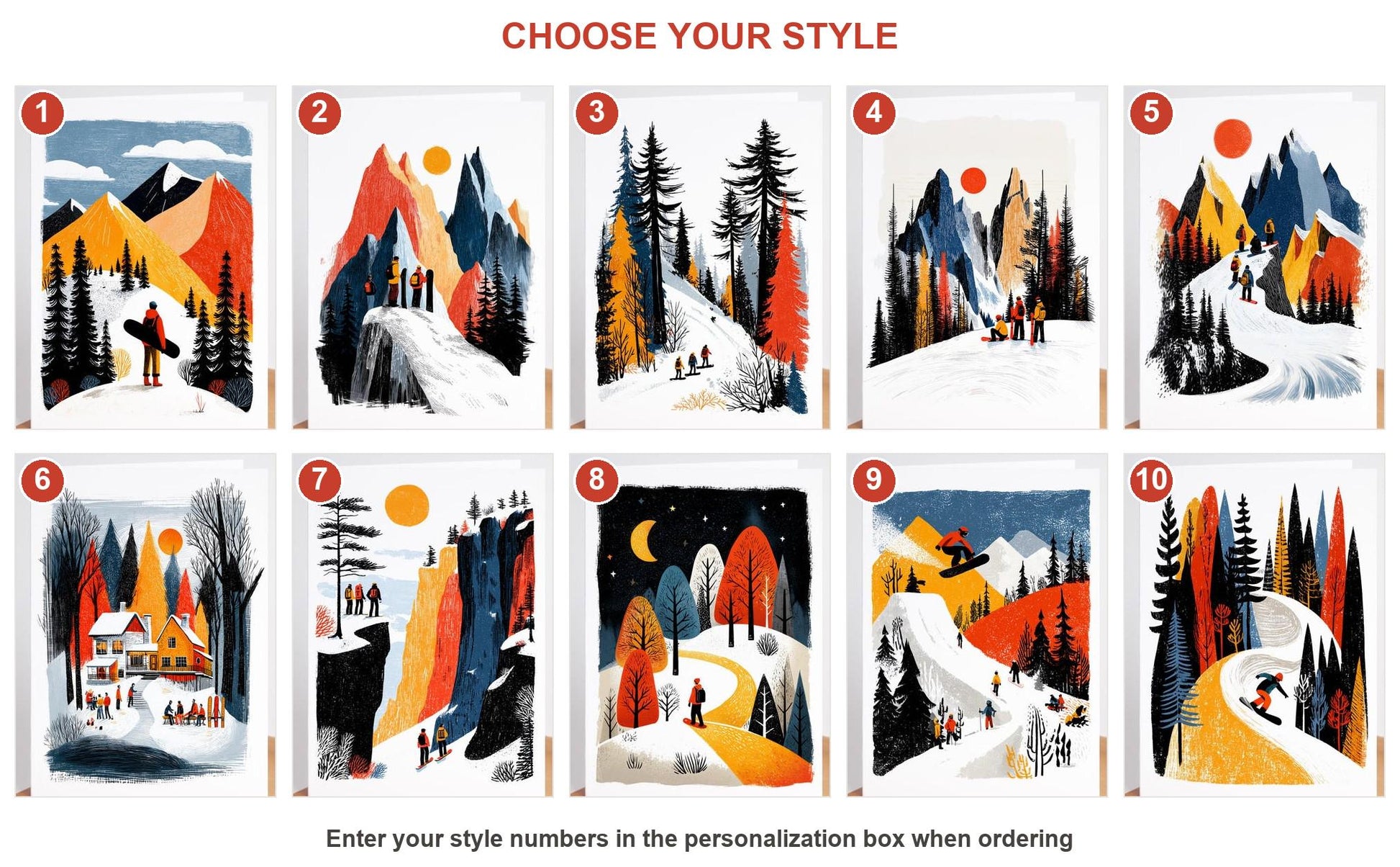 Snowboarding folk-art greeting card, blank inside