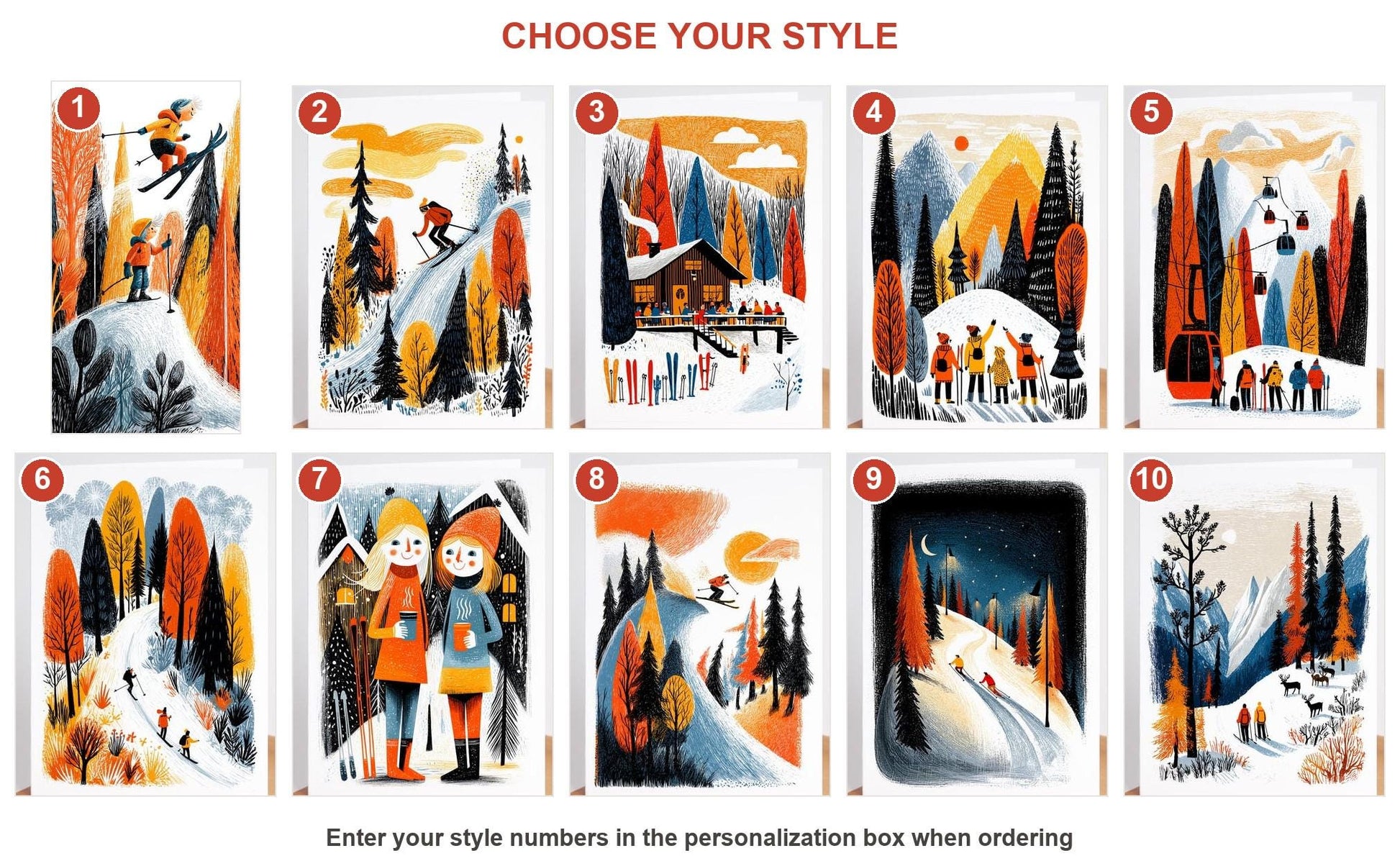 Skiing folk-art greeting card, blank inside