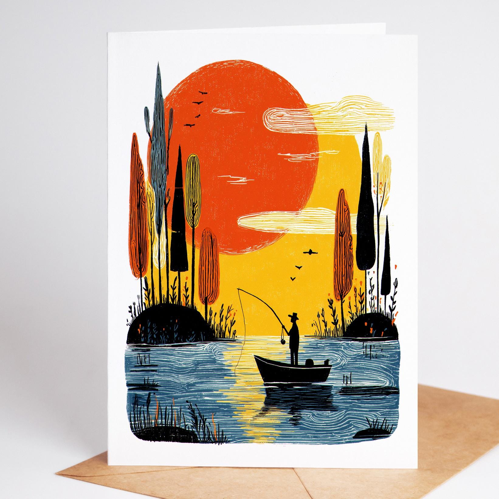 Fishing folk-art greeting card, blank inside