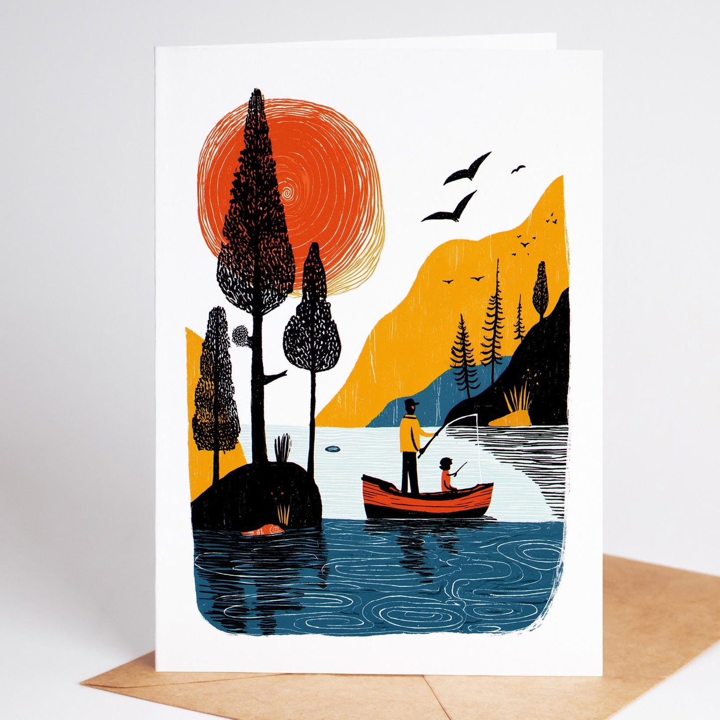 Fishing folk-art greeting card, blank inside