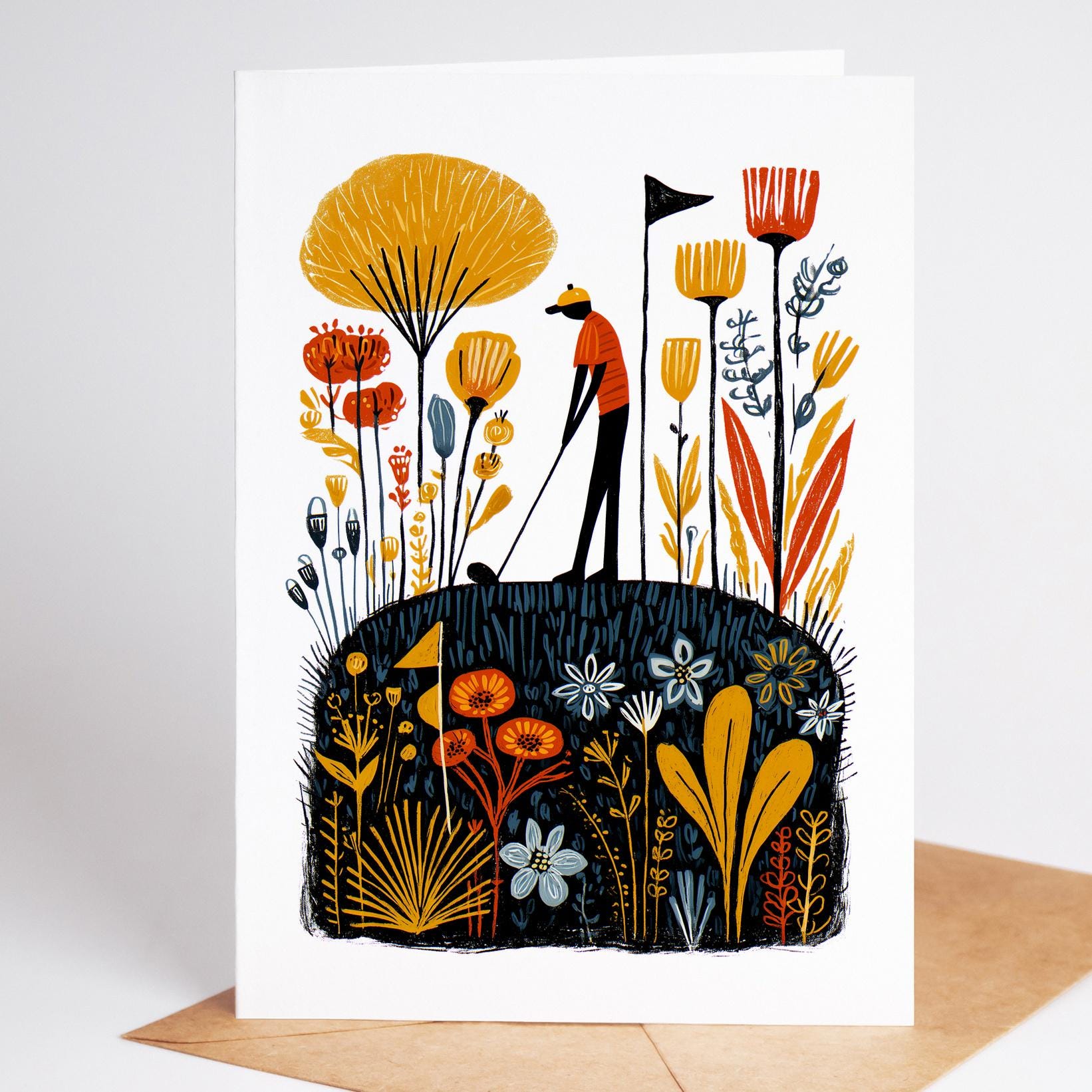 Golf folk-art greeting card, blank inside