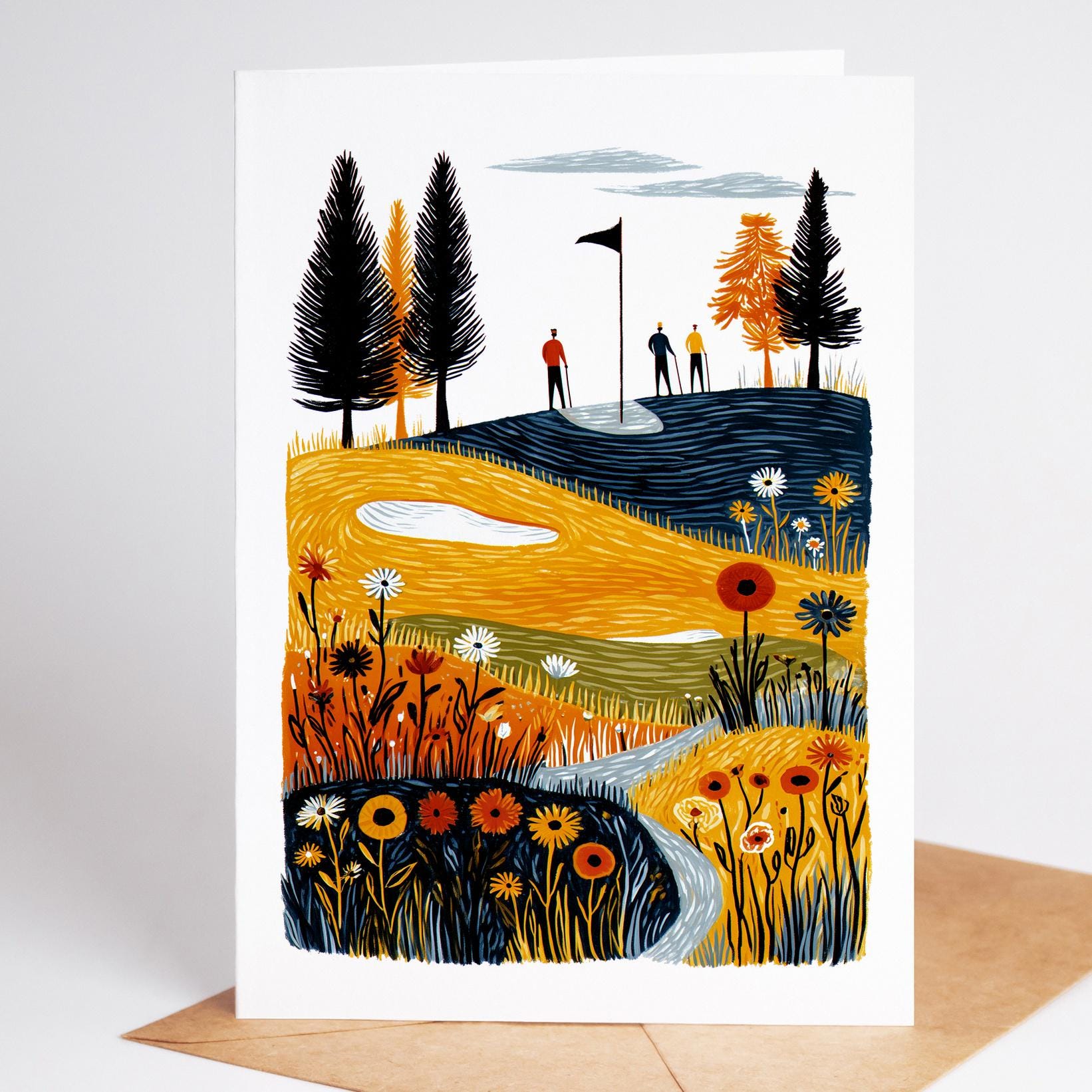 Golf folk-art greeting card, blank inside