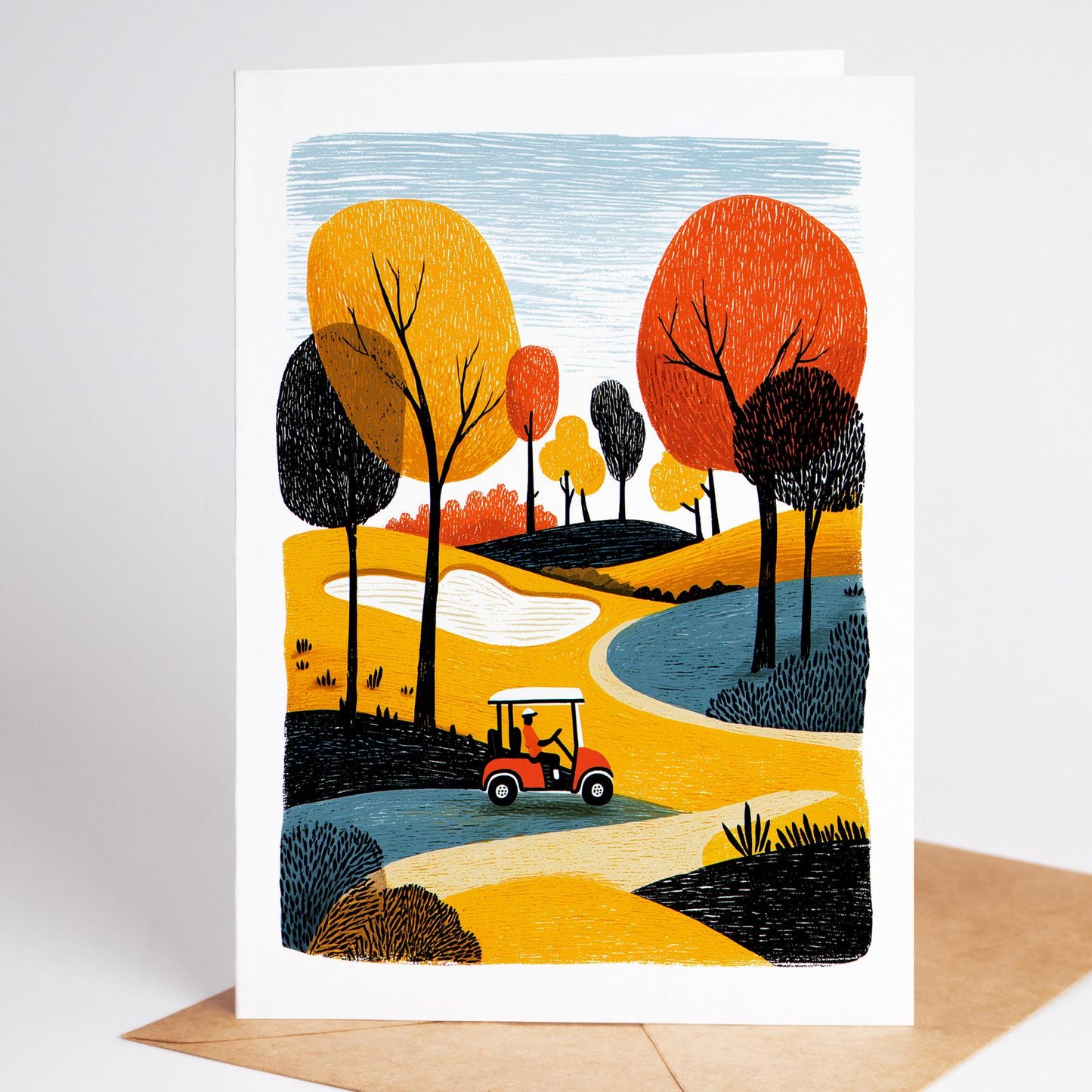 Golf folk-art greeting card, blank inside