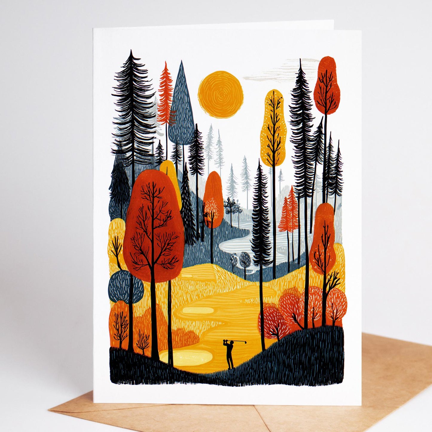 Golf folk-art greeting card, blank inside