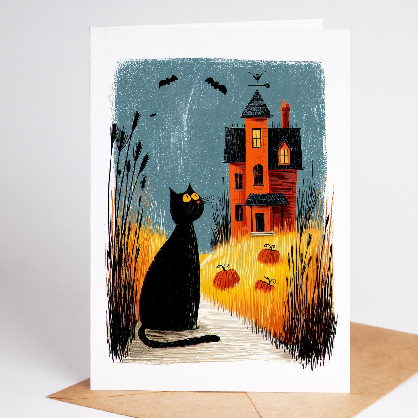 Cat folk-art greeting card, blank inside