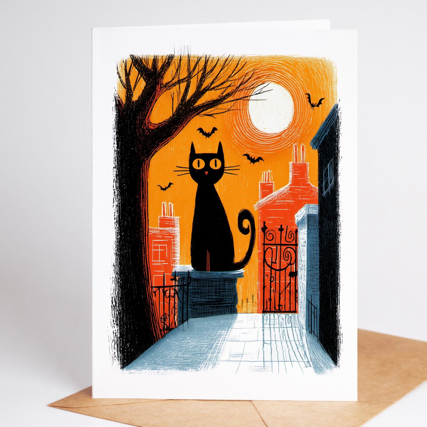 Cat folk-art greeting card, blank inside
