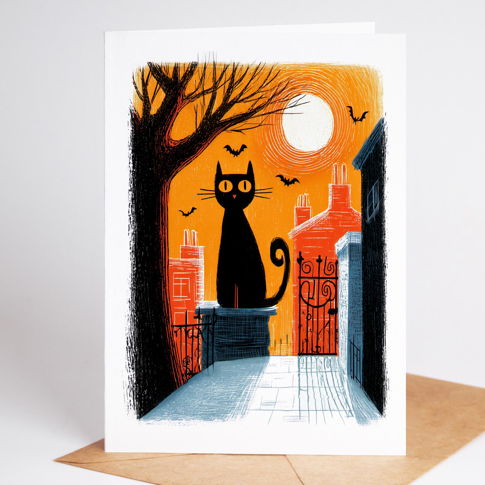 Cat folk-art greeting card, blank inside