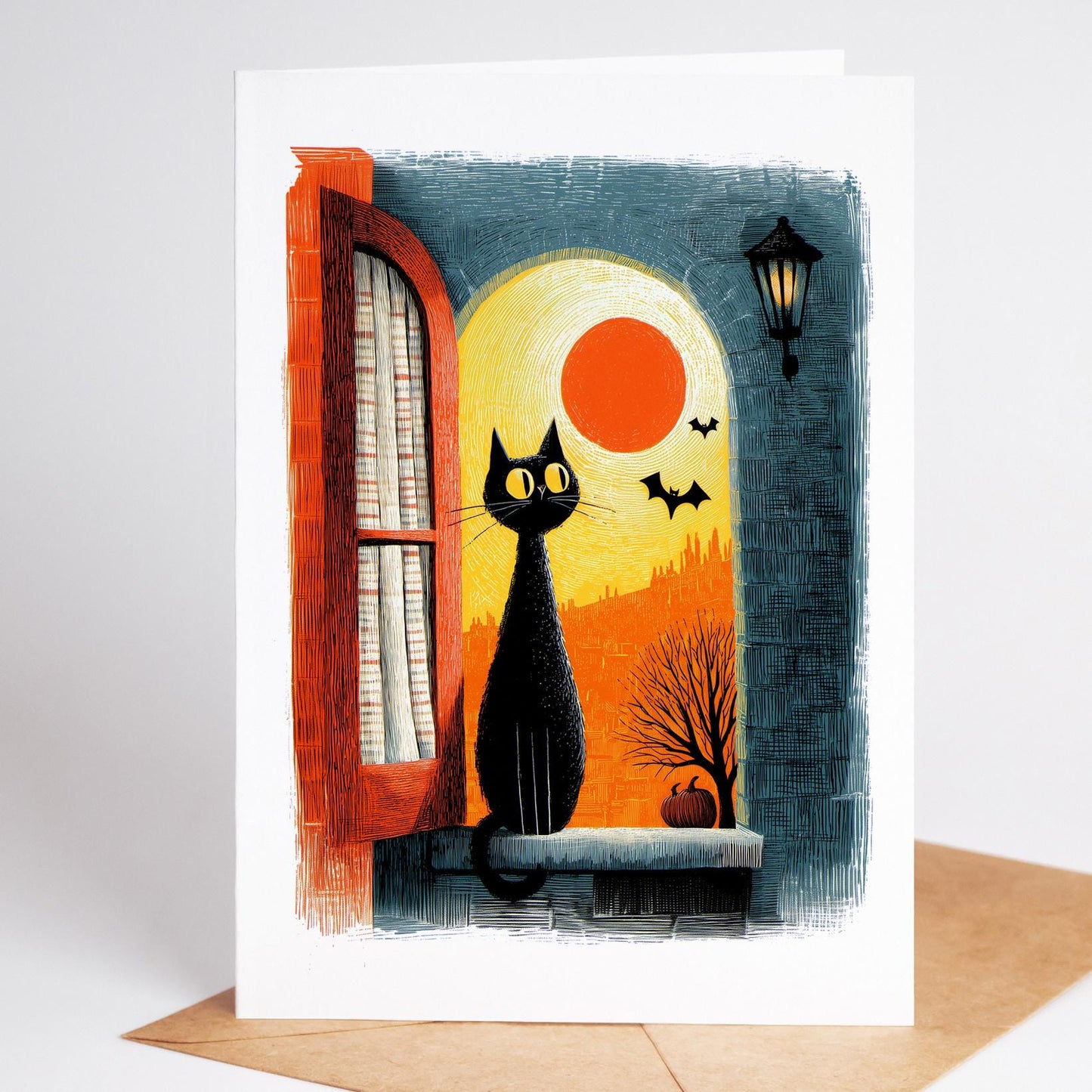 Cat folk-art greeting card, blank inside