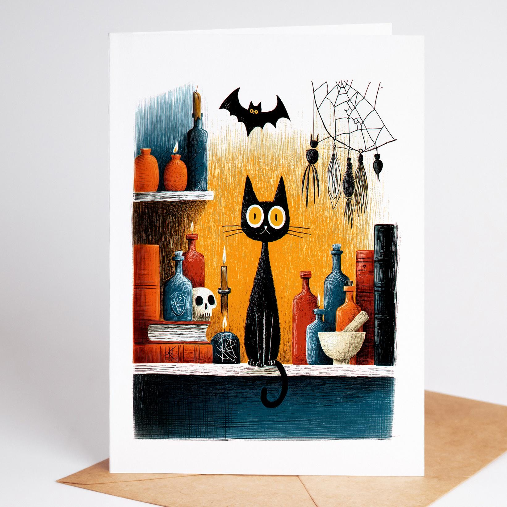 Cat folk-art greeting card, blank inside