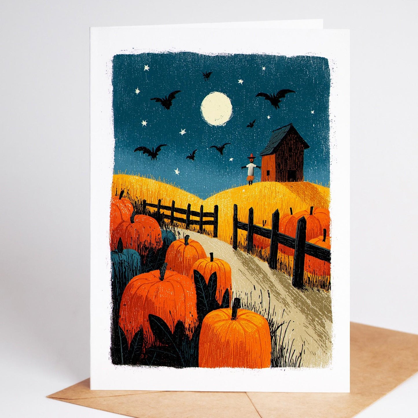 Pumpkin folk-art greeting card, blank inside