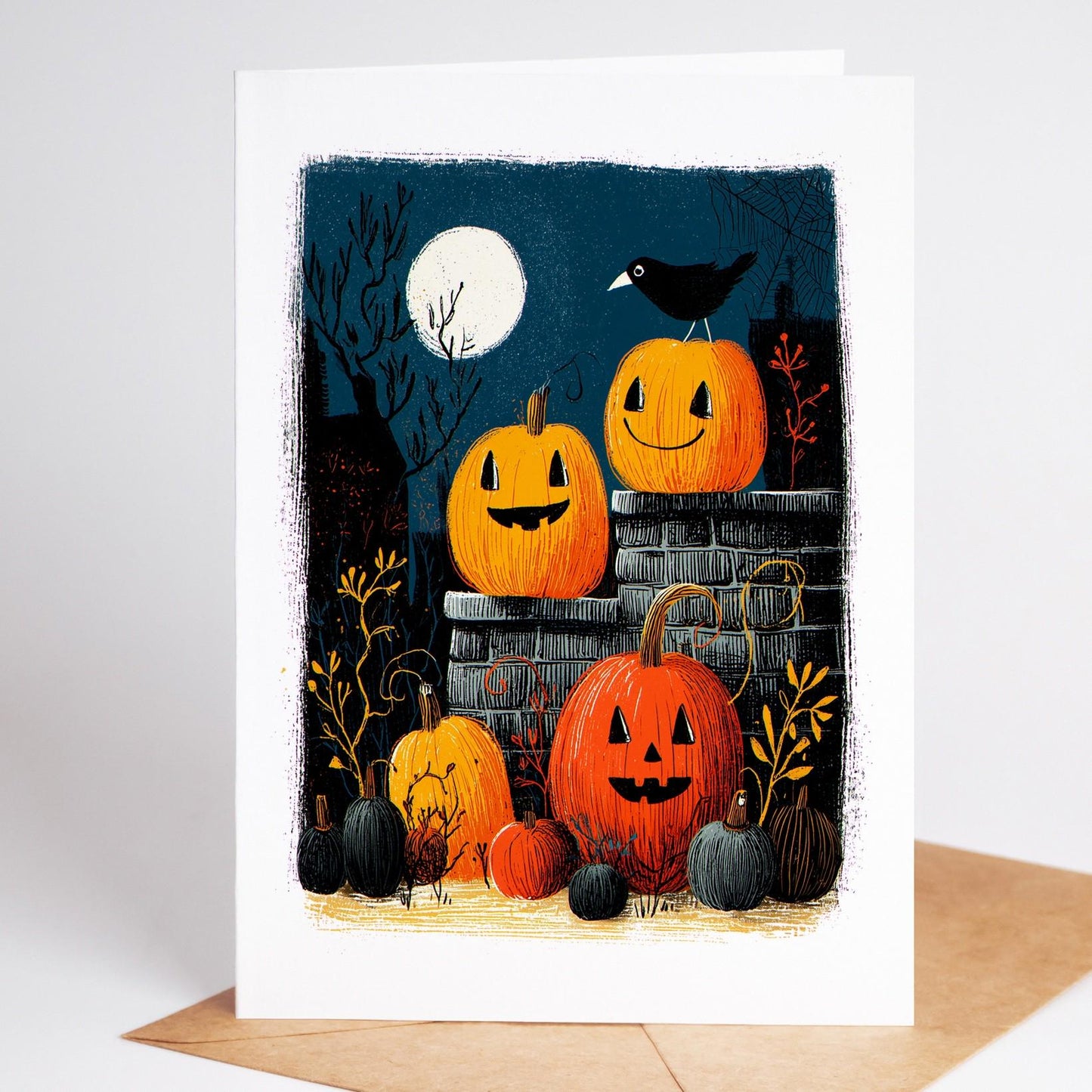 Pumpkin folk-art greeting card, blank inside