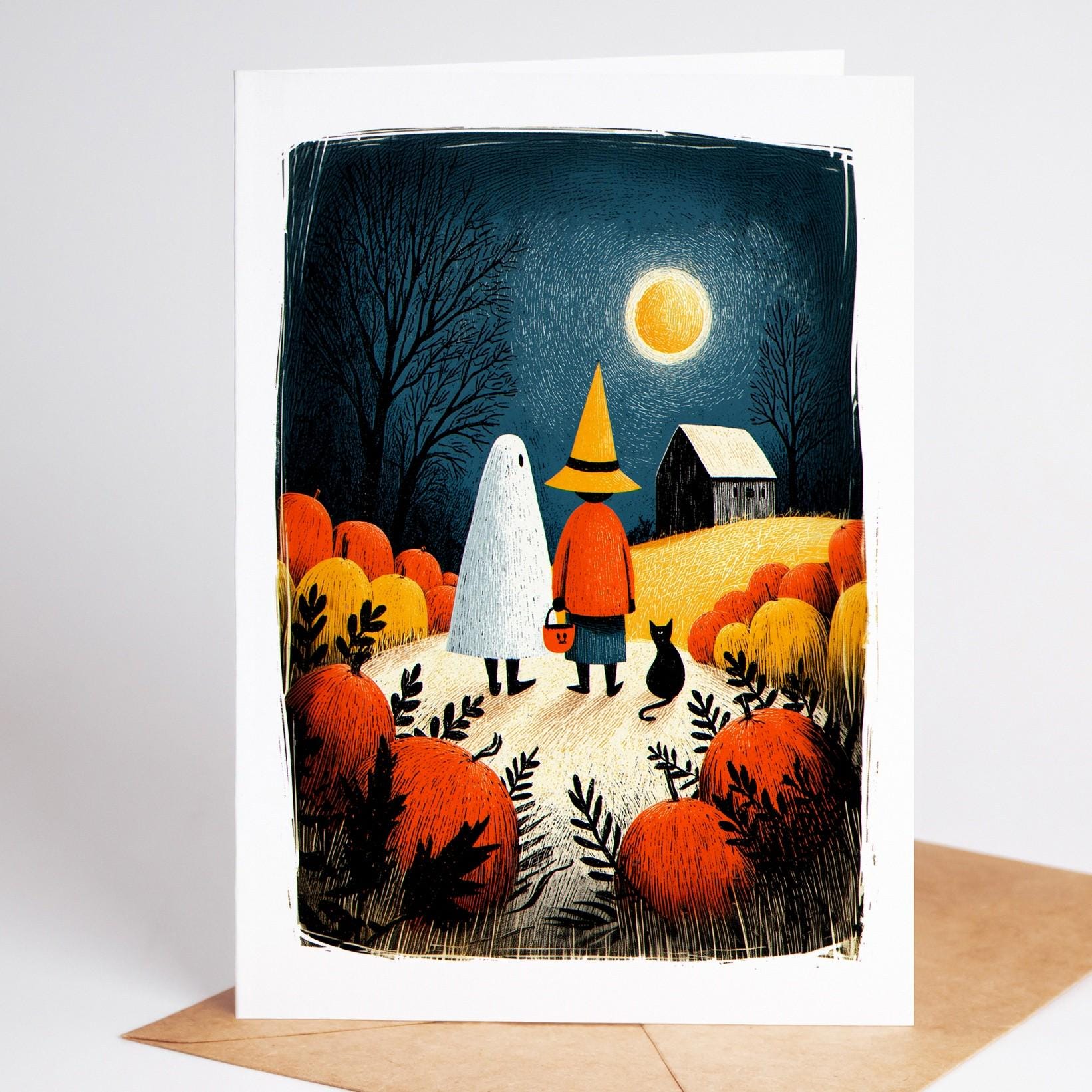 Pumpkin folk-art greeting card, blank inside