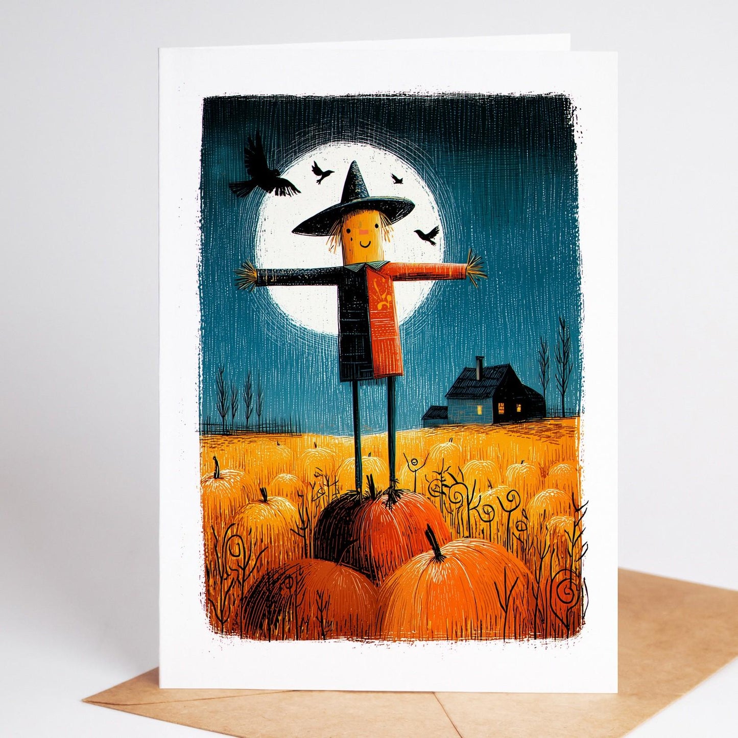 Pumpkin folk-art greeting card, blank inside