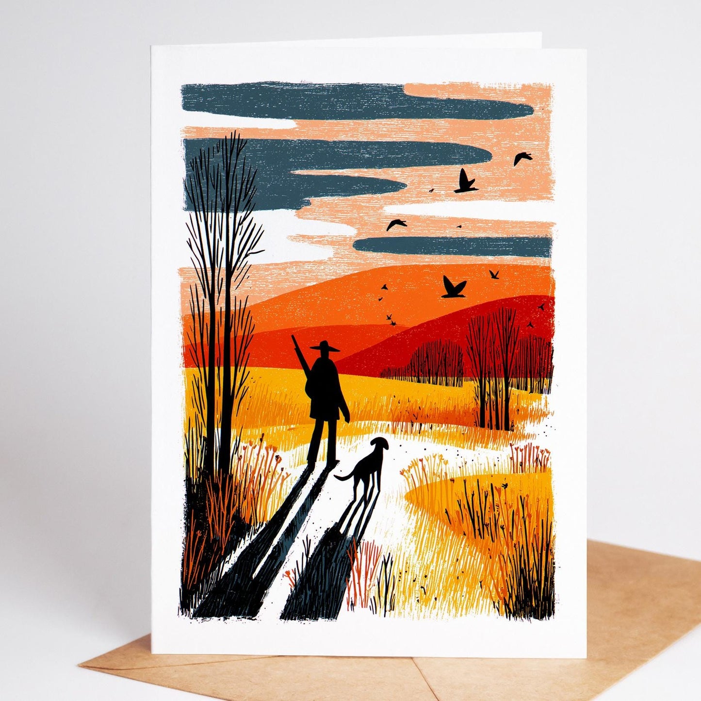 Hunting folk-art greeting card, blank inside