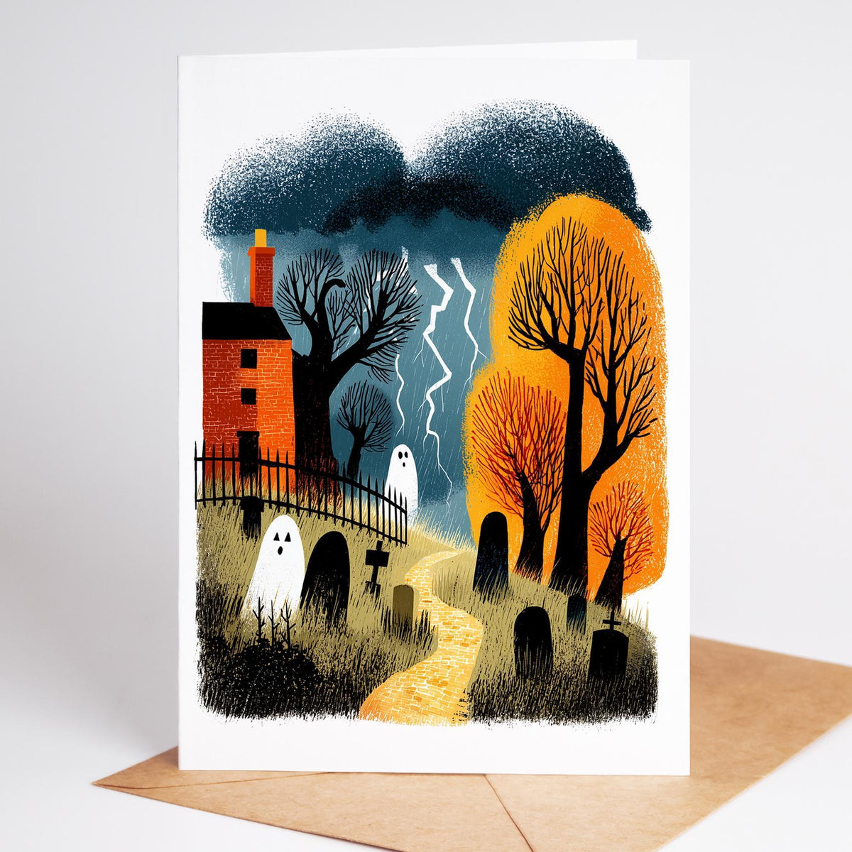 Folk art Halloween card of ghosts among gravestones below a stormy sky and red houses