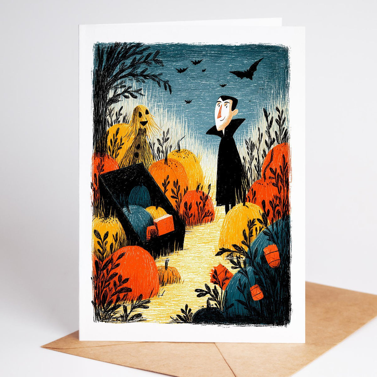 Folk art Halloween card of a vampire beside an open coffin in a pumpkin patch