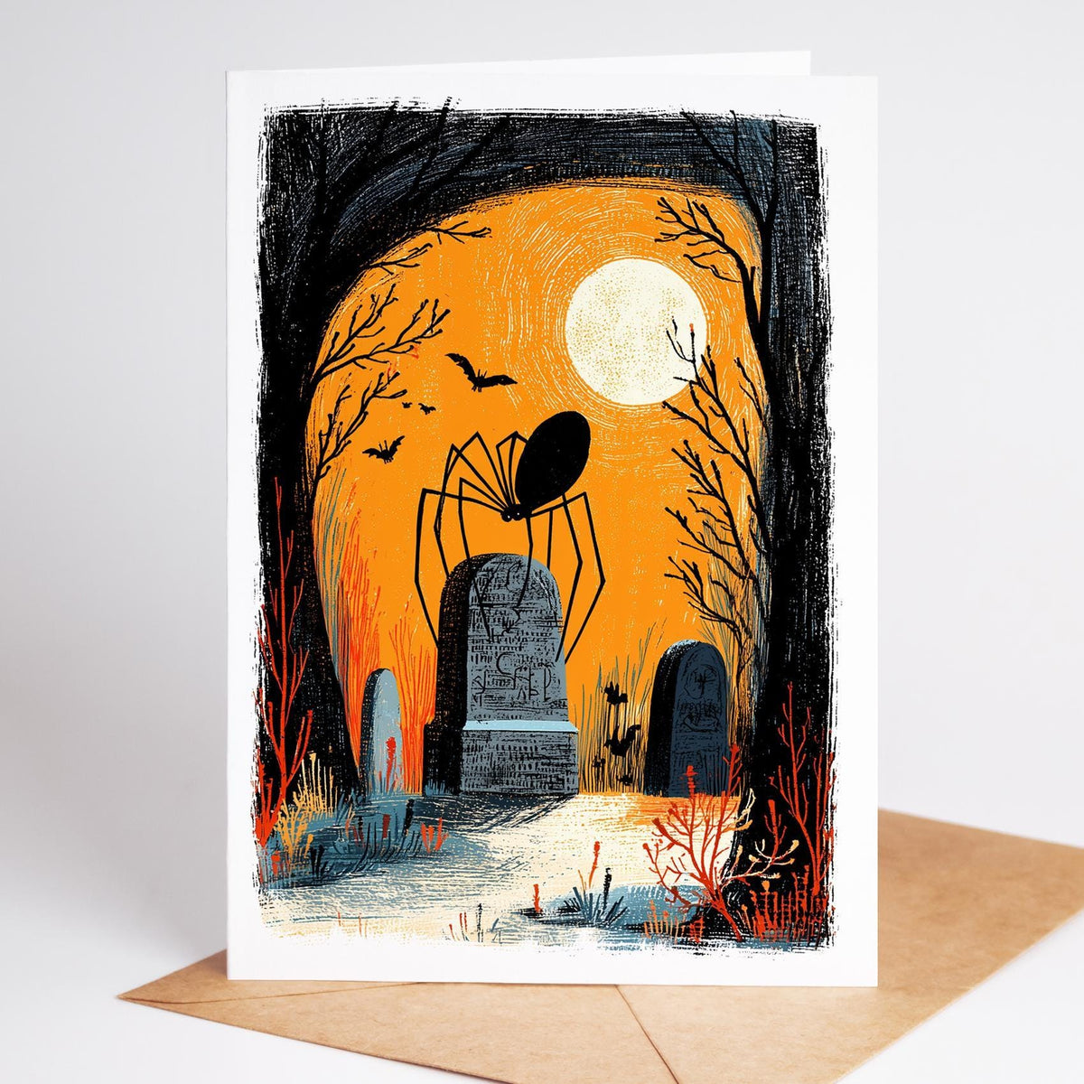 Folk art Halloween card of a giant spider over a stone crypt under an orange moon