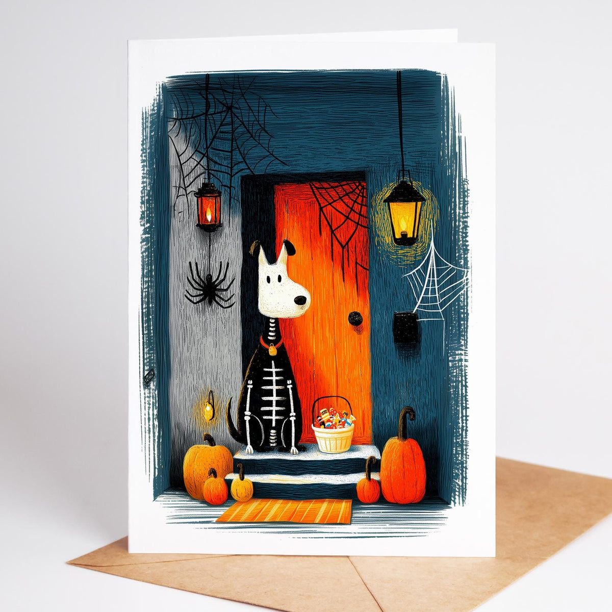 Folk art Halloween card of a dog in a skeleton costume on a doorstep with jack-o-lanterns and cobwebs