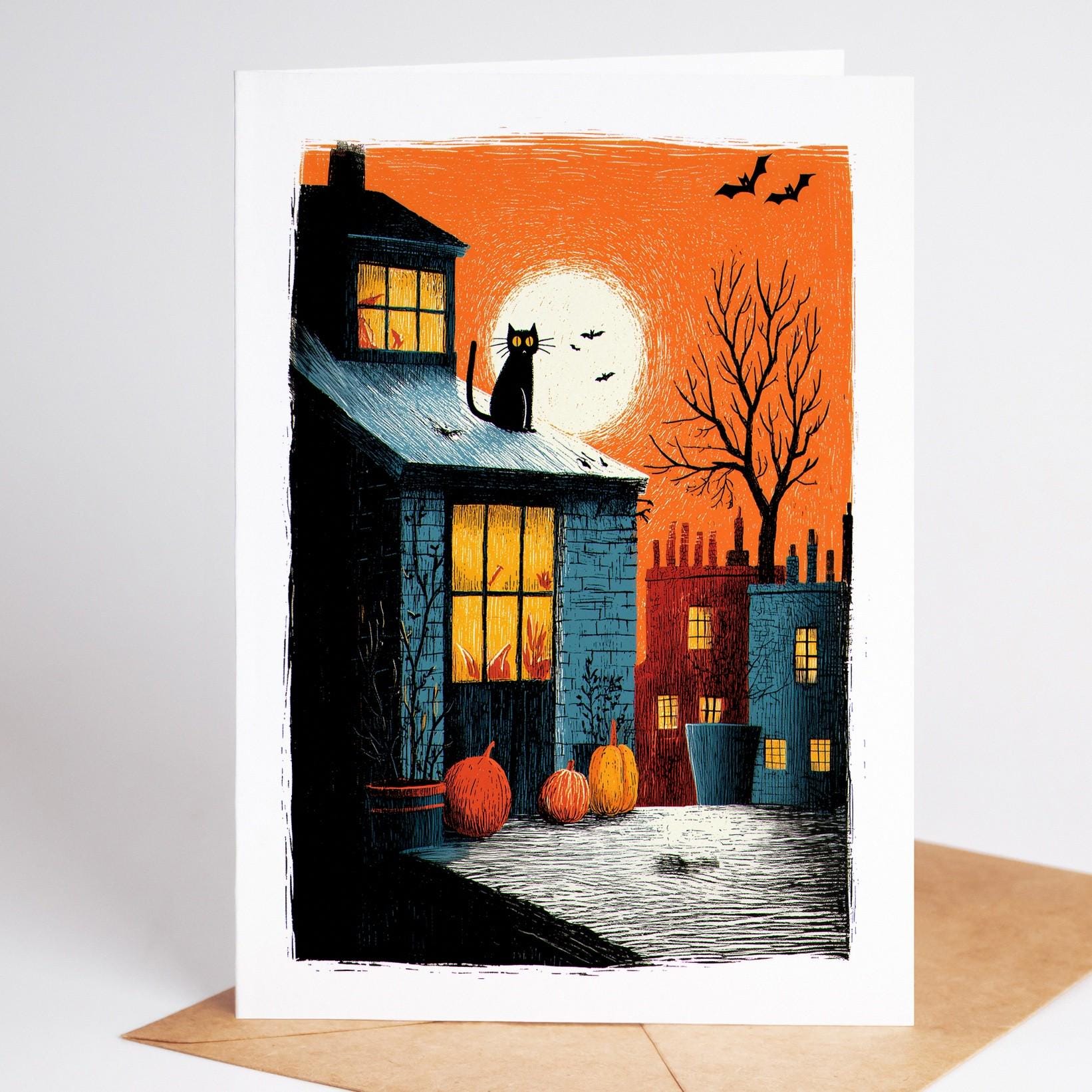 Haunted Village folk-art greeting card, blank inside