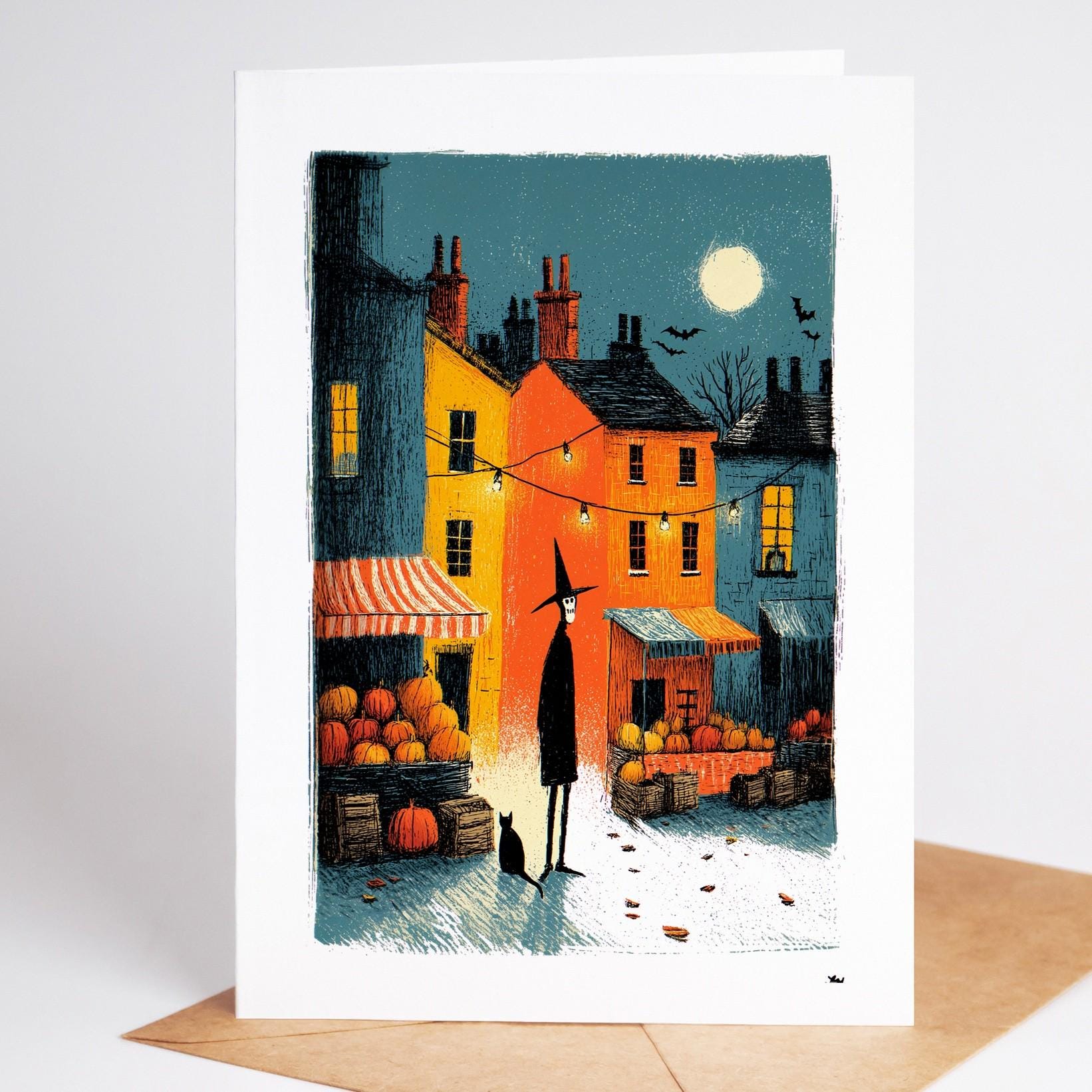 Haunted Village folk-art greeting card, blank inside