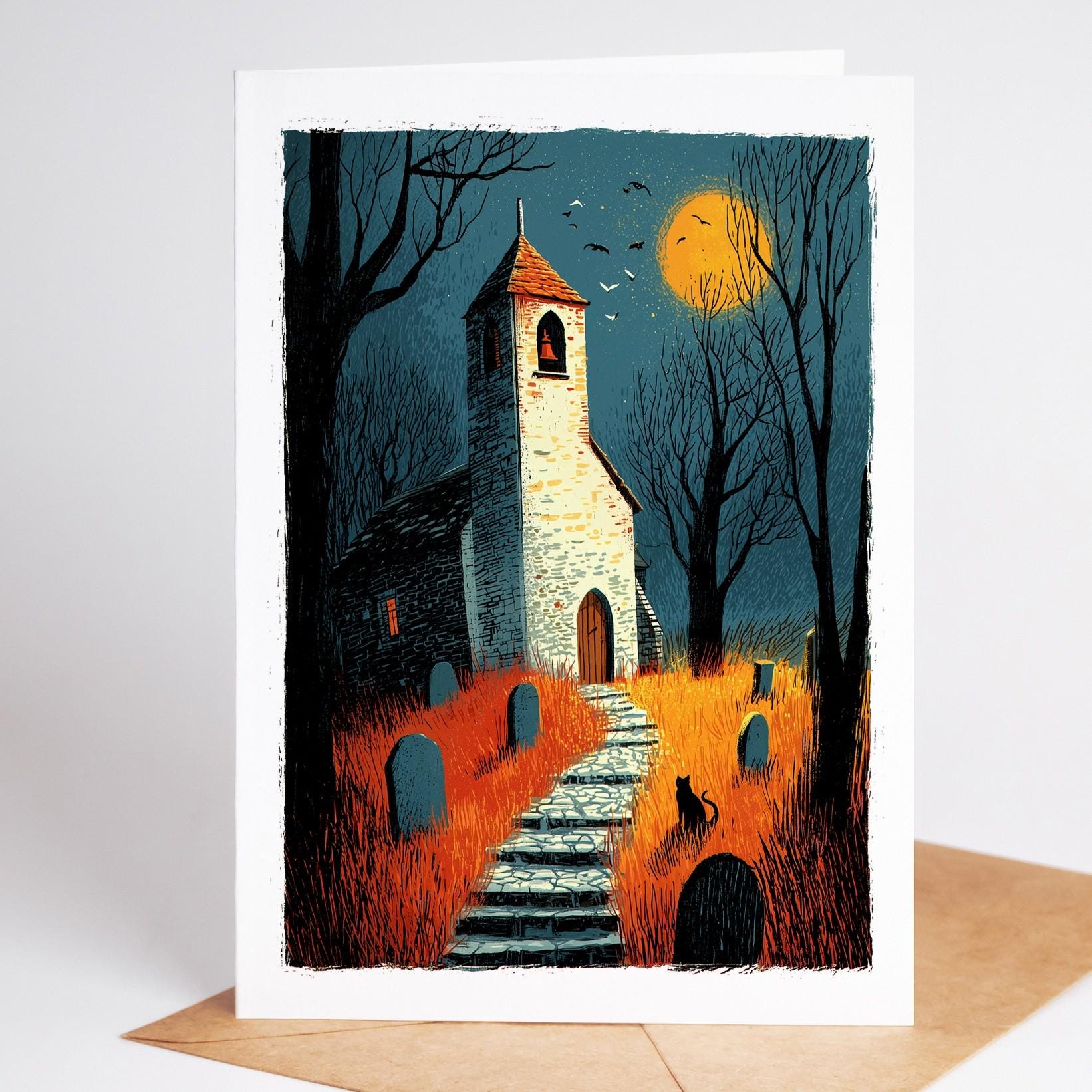 Haunted Village folk-art greeting card, blank inside