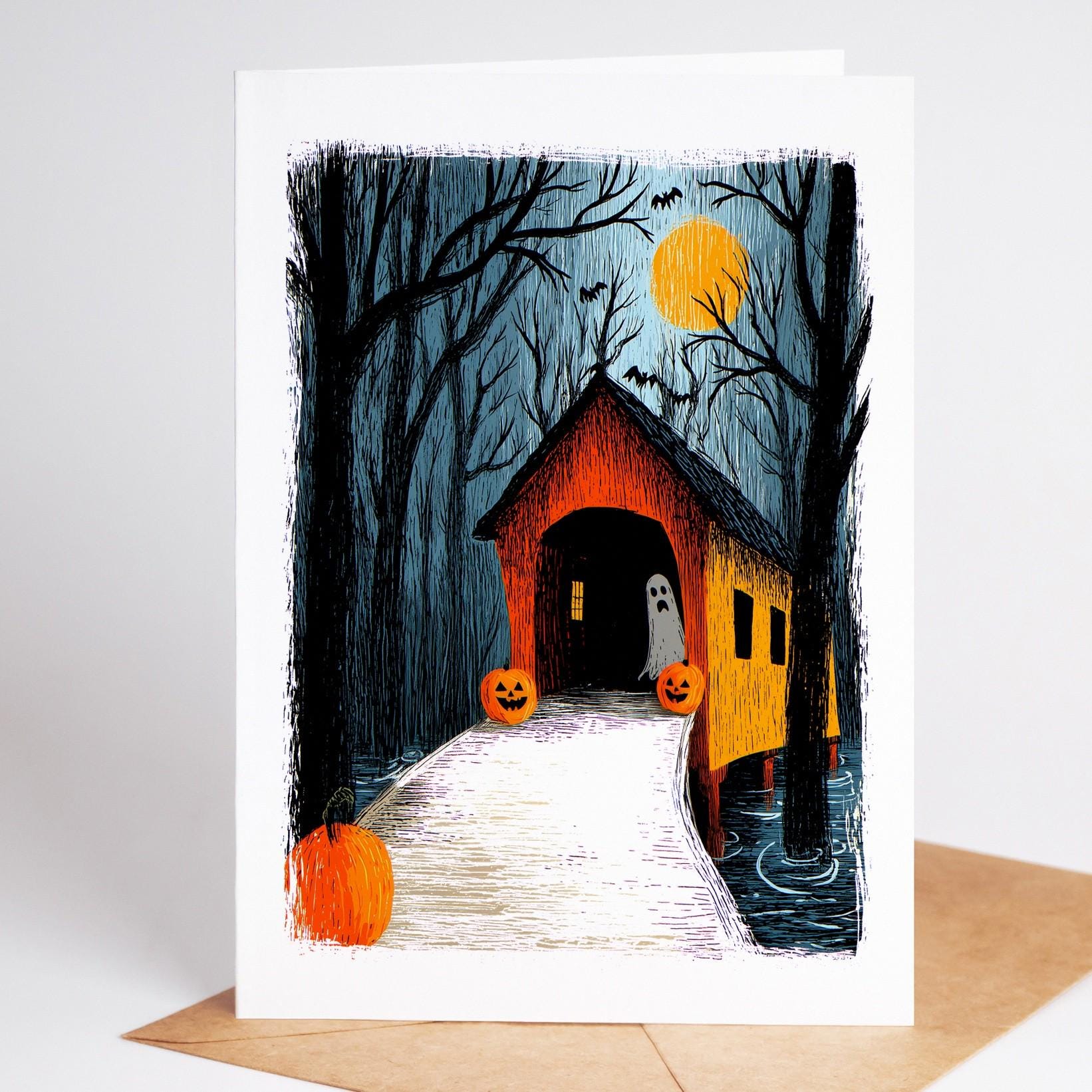 Haunted Village folk-art greeting card, blank inside